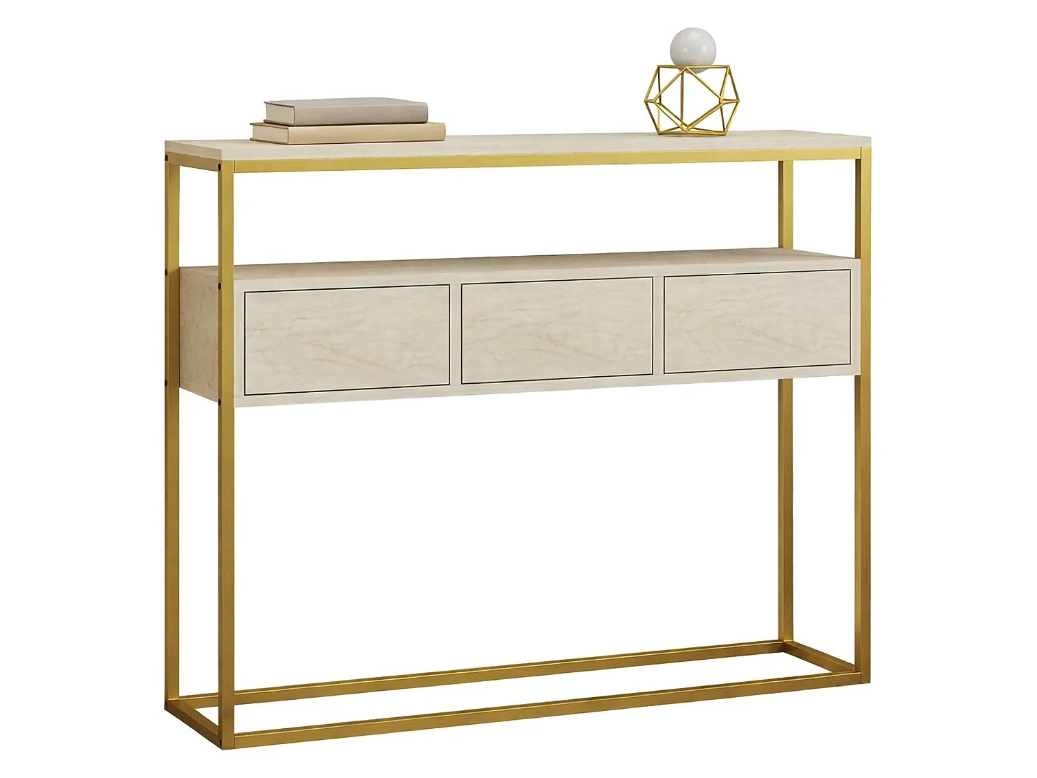 Credenza Gemonio, 4 Fächer, 90x34x70 cm Beige Marmor, Anrichte, 3 Klapptüren