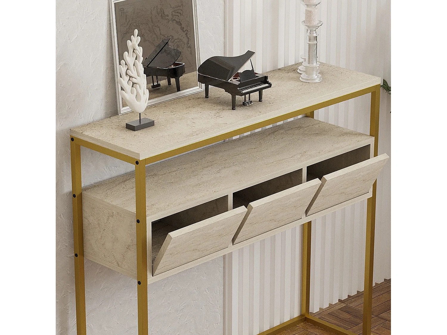 Credenza Gemonio, 4 Fächer, 90x34x70 cm Beige Marmor, Anrichte, 3 Klapptüren