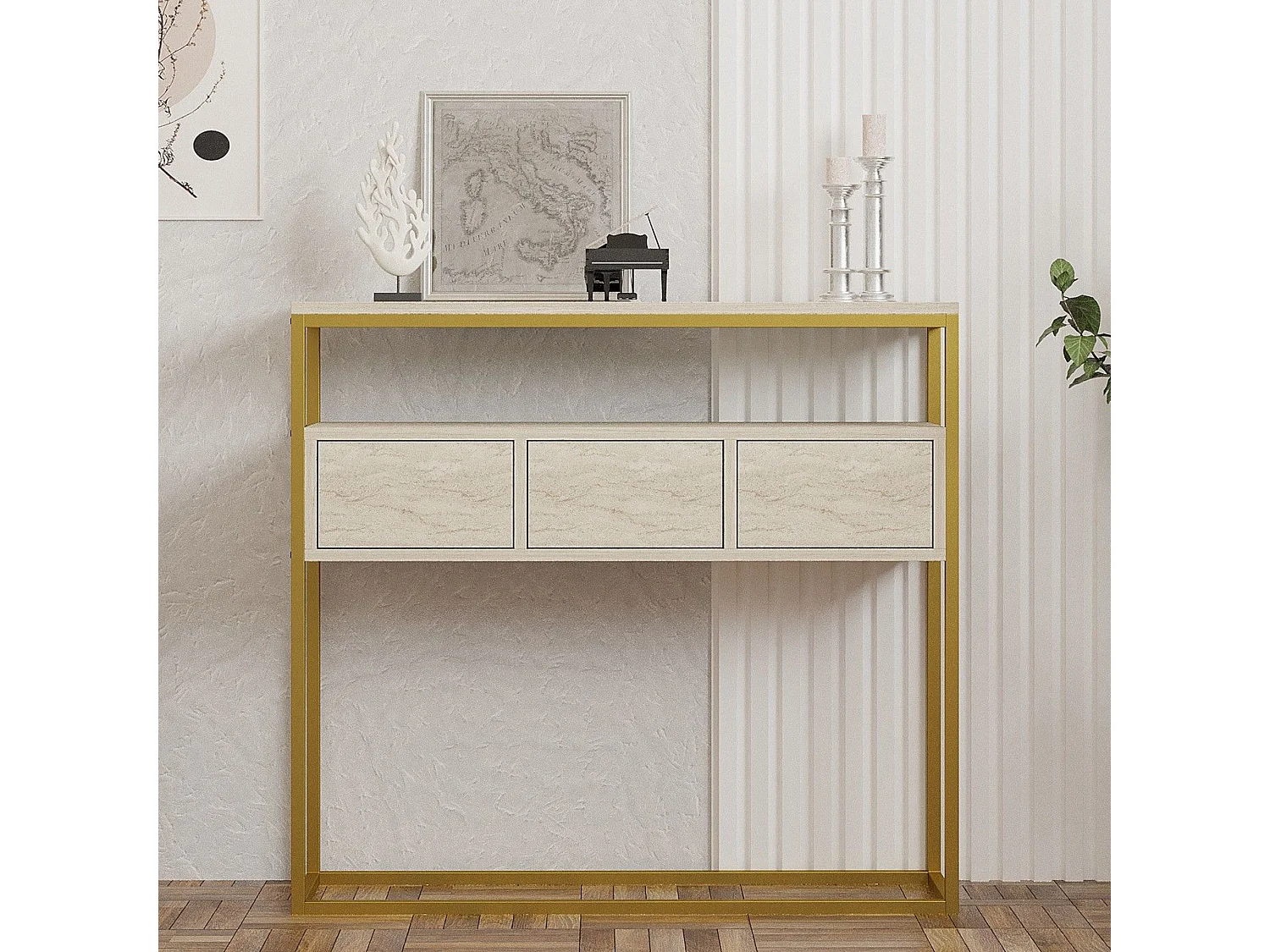 Credenza Gemonio, 4 Fächer, 90x34x70 cm Beige Marmor, Anrichte, 3 Klapptüren