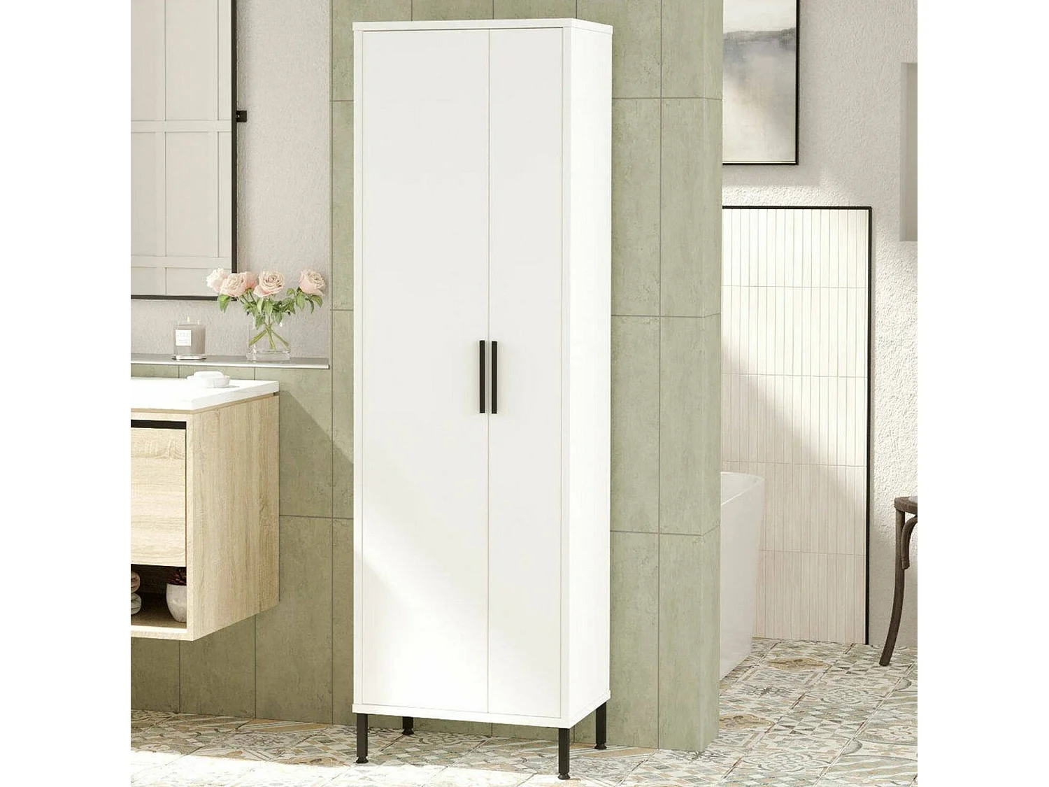 Armadio Multiuso 1 Anta Niala, 4 Ripiani, 50x165h cm Bianco, Appendiabiti, Un'anta