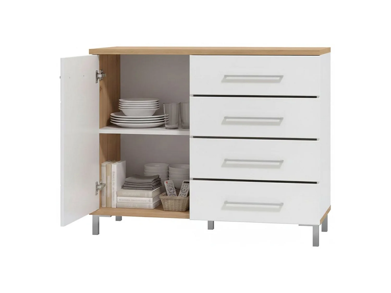 Buffet Procopio, 4 tiroirs, 108x40x87h cm Chêne Blanc Nœuds, Enfilade, une étagère, Portes battantes, coulissantes