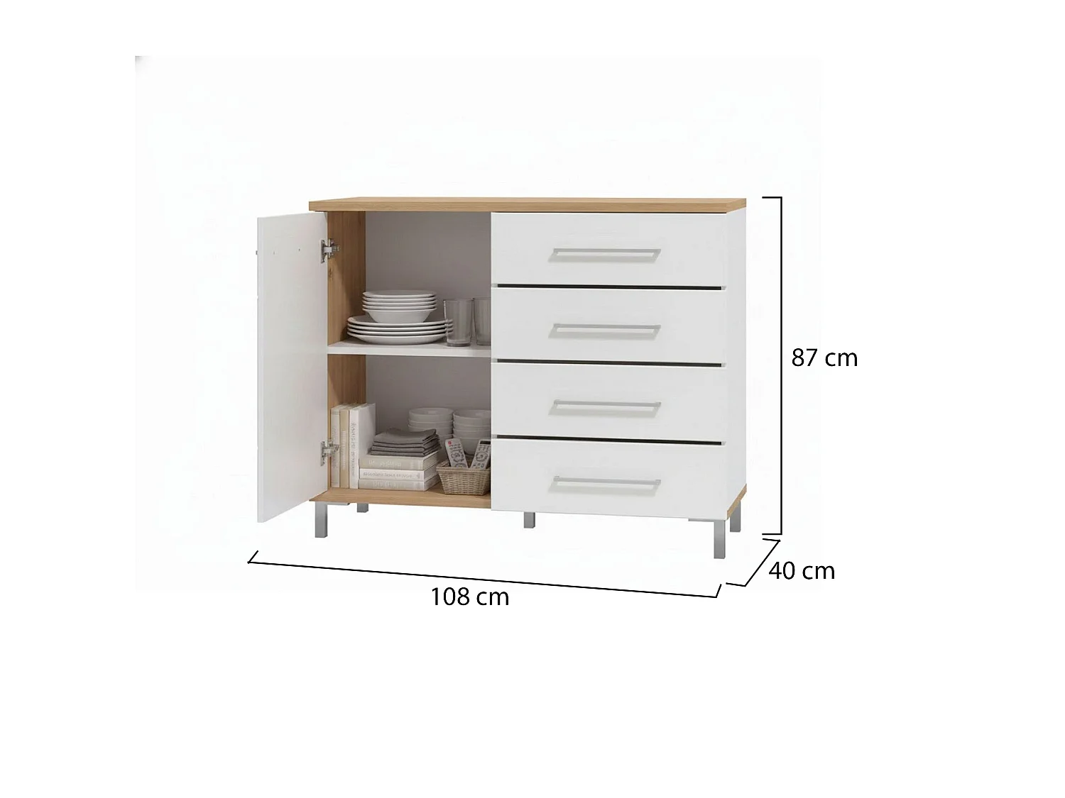 Buffet Procopio, 4 tiroirs, 108x40x87h cm Chêne Blanc Nœuds, Enfilade, une étagère, Portes battantes, coulissantes