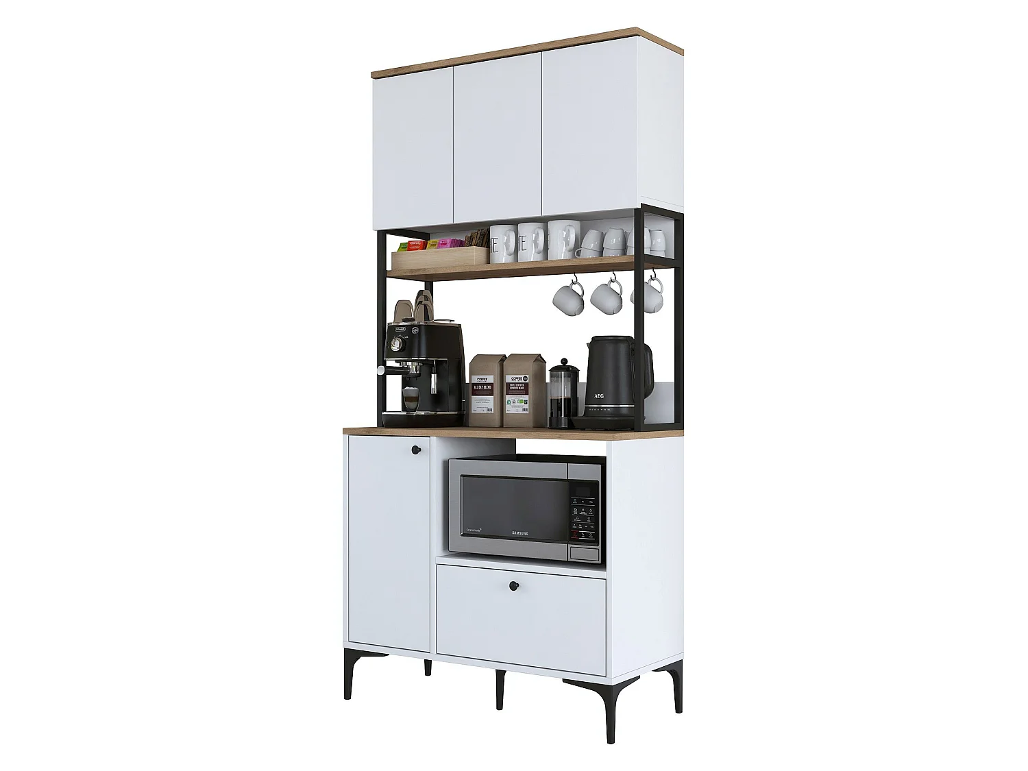 Credenza Rapone, un Cassetto, 90x38x184h cm Bianco, Madia, 2 Ripiani, Apertura Battente, Scorrevole
