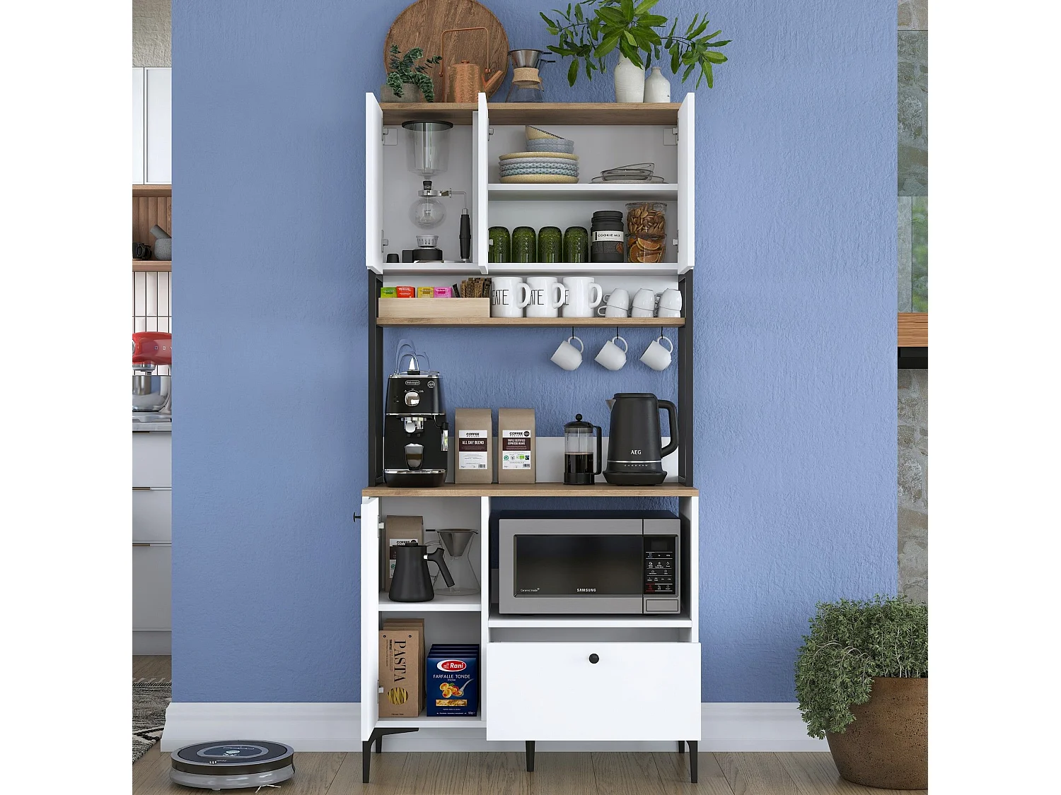 Credenza Rapone, un Cassetto, 90x38x184h cm Bianco, Madia, 2 Ripiani, Apertura Battente, Scorrevole