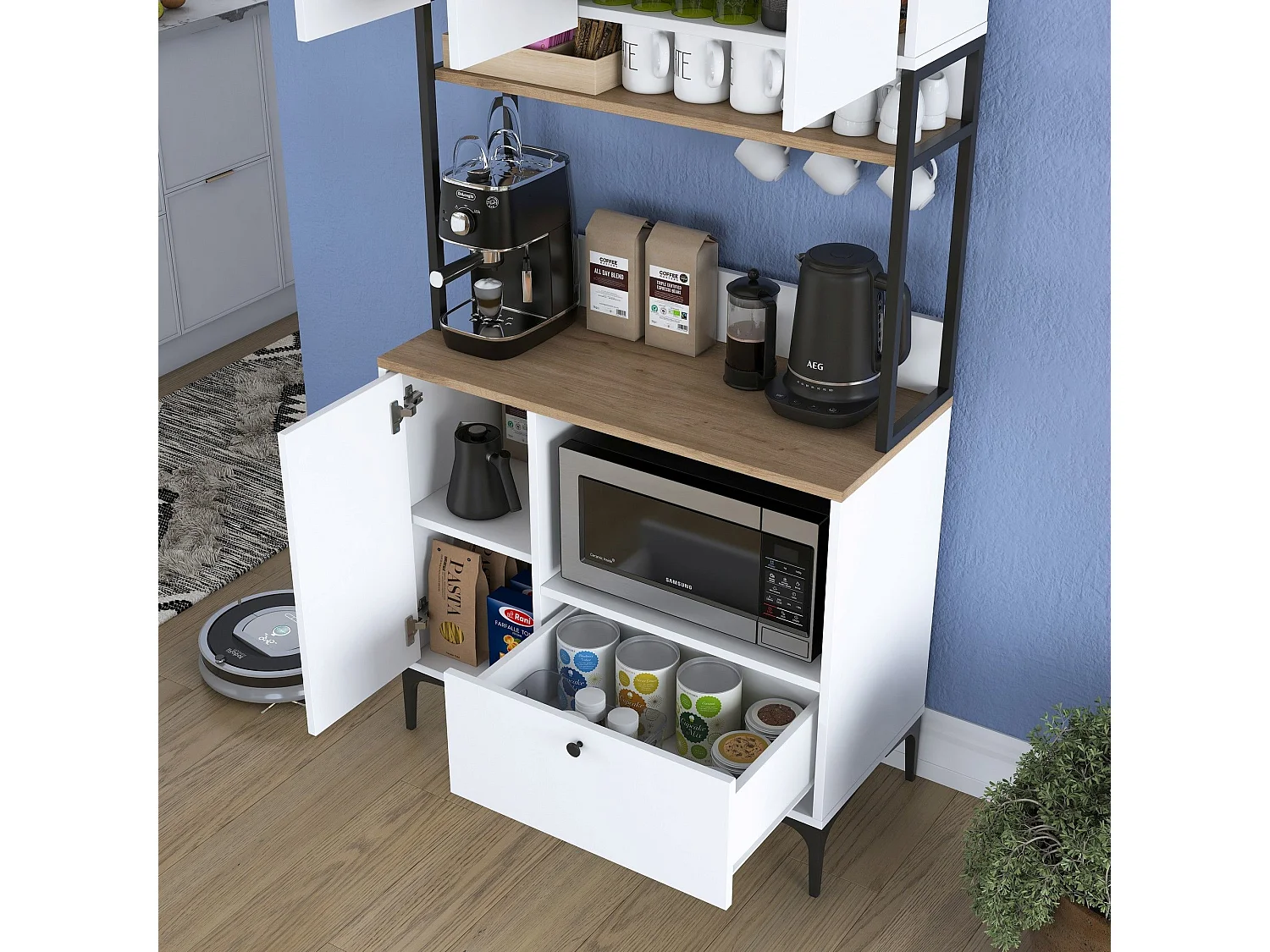 Credenza Rapone, un Cassetto, 90x38x184h cm Bianco, Madia, 2 Ripiani, Apertura Battente, Scorrevole