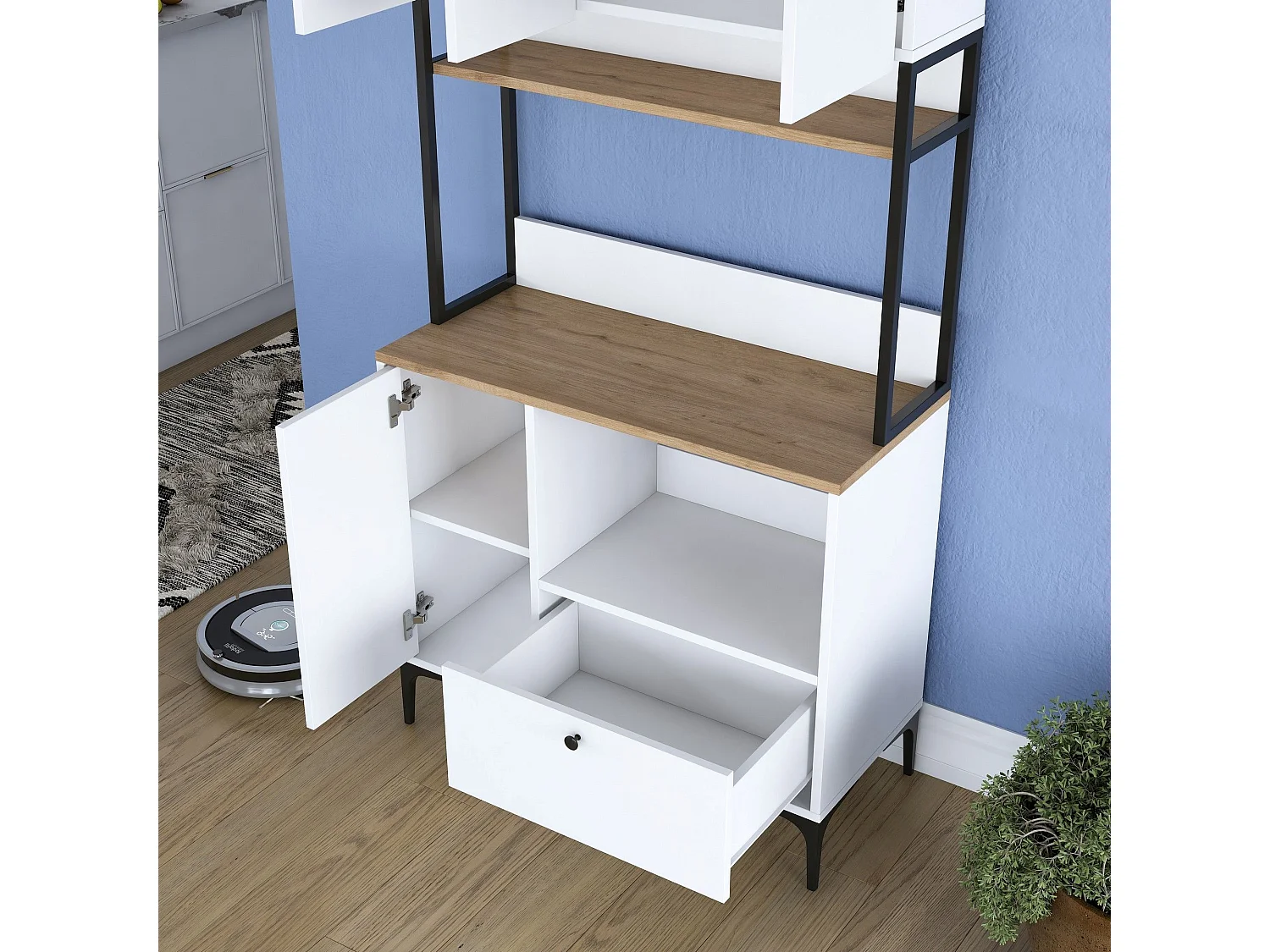 Credenza Rapone, un Cassetto, 90x38x184h cm Bianco, Madia, 2 Ripiani, Apertura Battente, Scorrevole