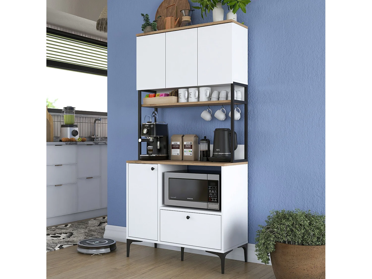 Credenza Rapone, un Cassetto, 90x38x184h cm Bianco, Madia, 2 Ripiani, Apertura Battente, Scorrevole