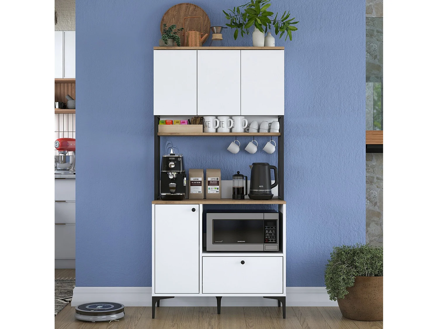 Credenza Rapone, un Cassetto, 90x38x184h cm Bianco, Madia, 2 Ripiani, Apertura Battente, Scorrevole