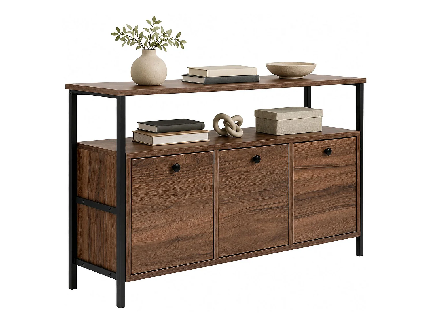 Credenza Noda, 2 Ripiani, 120x30x77h cm Marrone Noce, Madia, 3 Vani, 3 Ante
