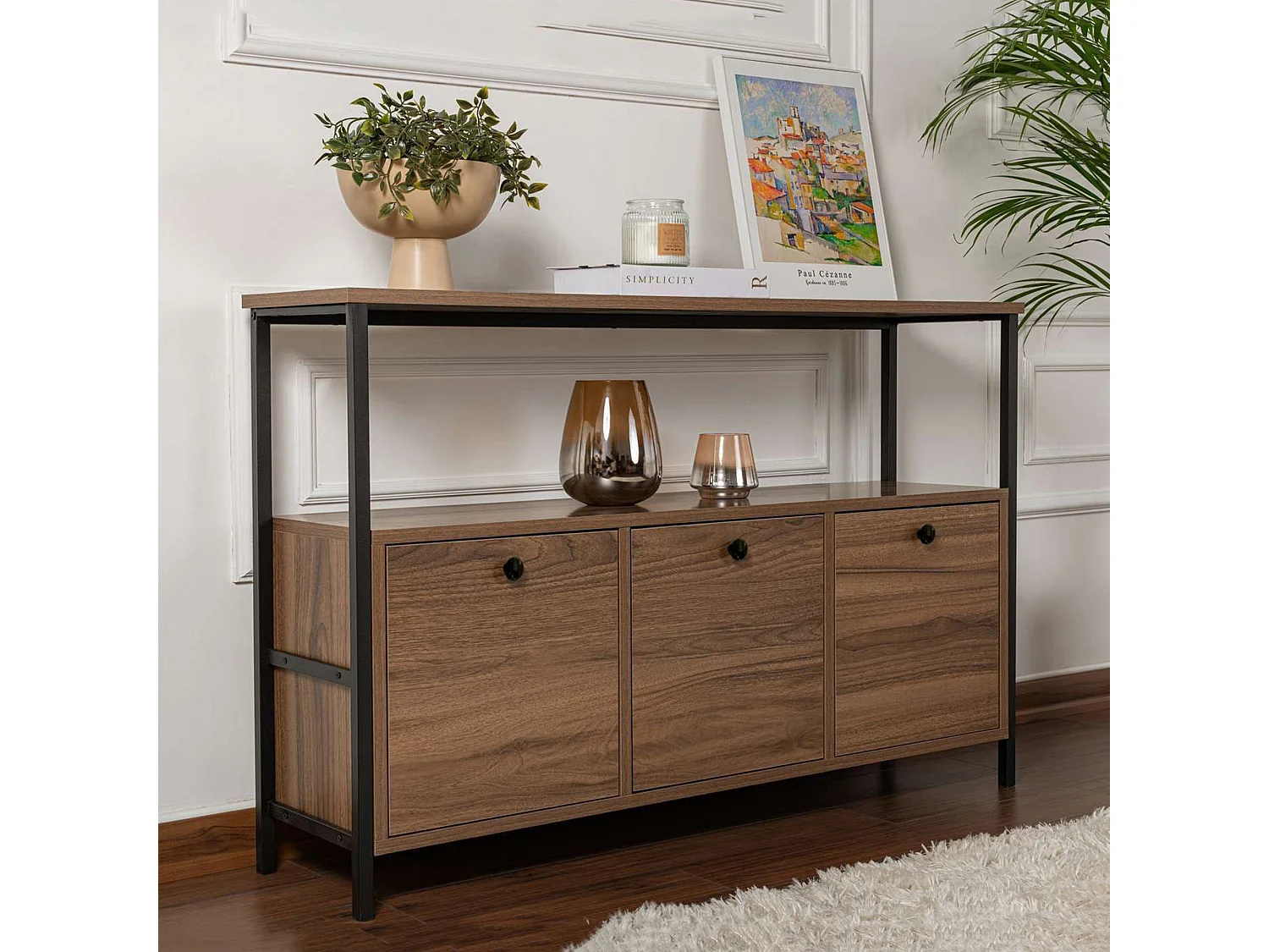 Credenza Noda, 2 Ripiani, 120x30x77h cm Marrone Noce, Madia, 3 Vani, 3 Ante