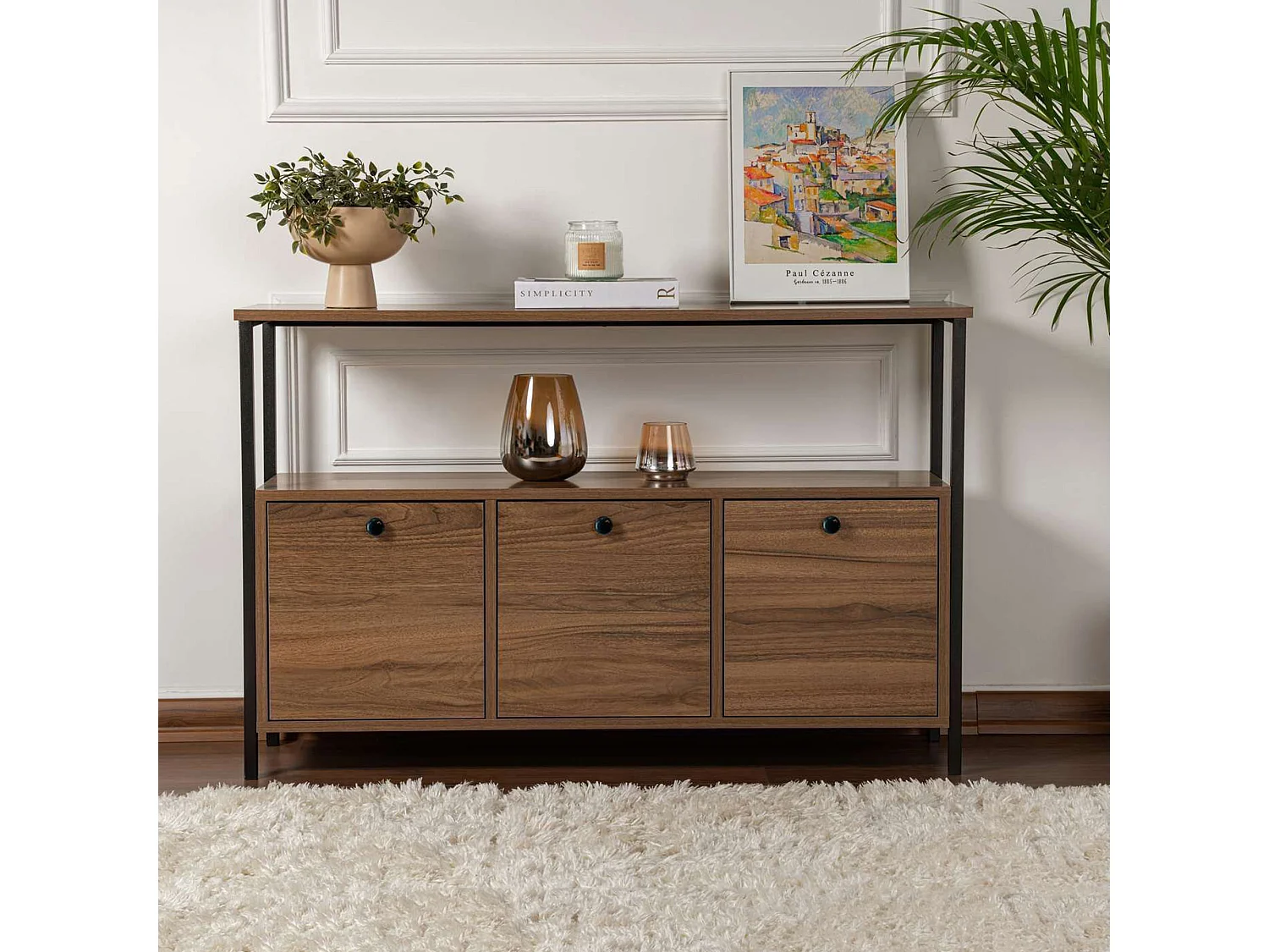 Credenza Noda, 2 Ripiani, 120x30x77h cm Marrone Noce, Madia, 3 Vani, 3 Ante