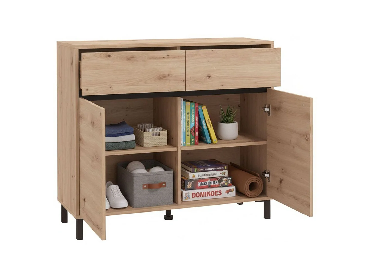 Sideboard Giarree, 2 Schubladen, 106x40x90h cm, Eiche-Nussbraun, 2 Regale, Türen mit Klapp- und Schiebemechanismus