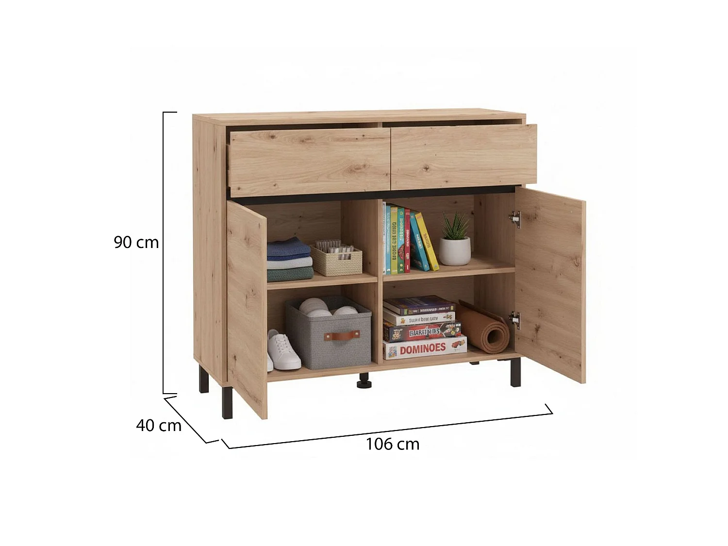 Sideboard Giarree, 2 Schubladen, 106x40x90h cm, Eiche-Nussbraun, 2 Regale, Türen mit Klapp- und Schiebemechanismus