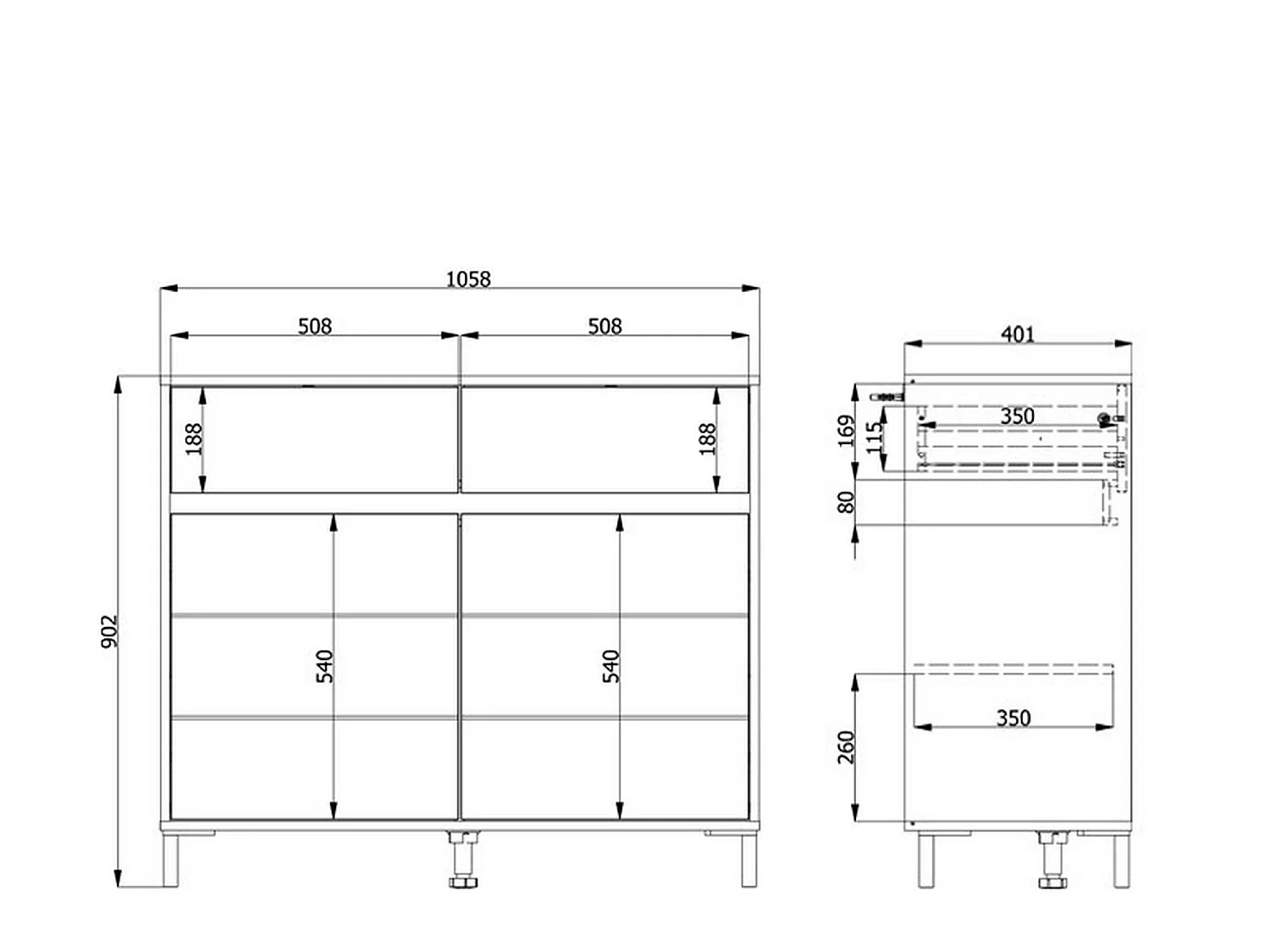 Sideboard Giarree, 2 Schubladen, 106x40x90h cm, Eiche-Nussbraun, 2 Regale, Türen mit Klapp- und Schiebemechanismus