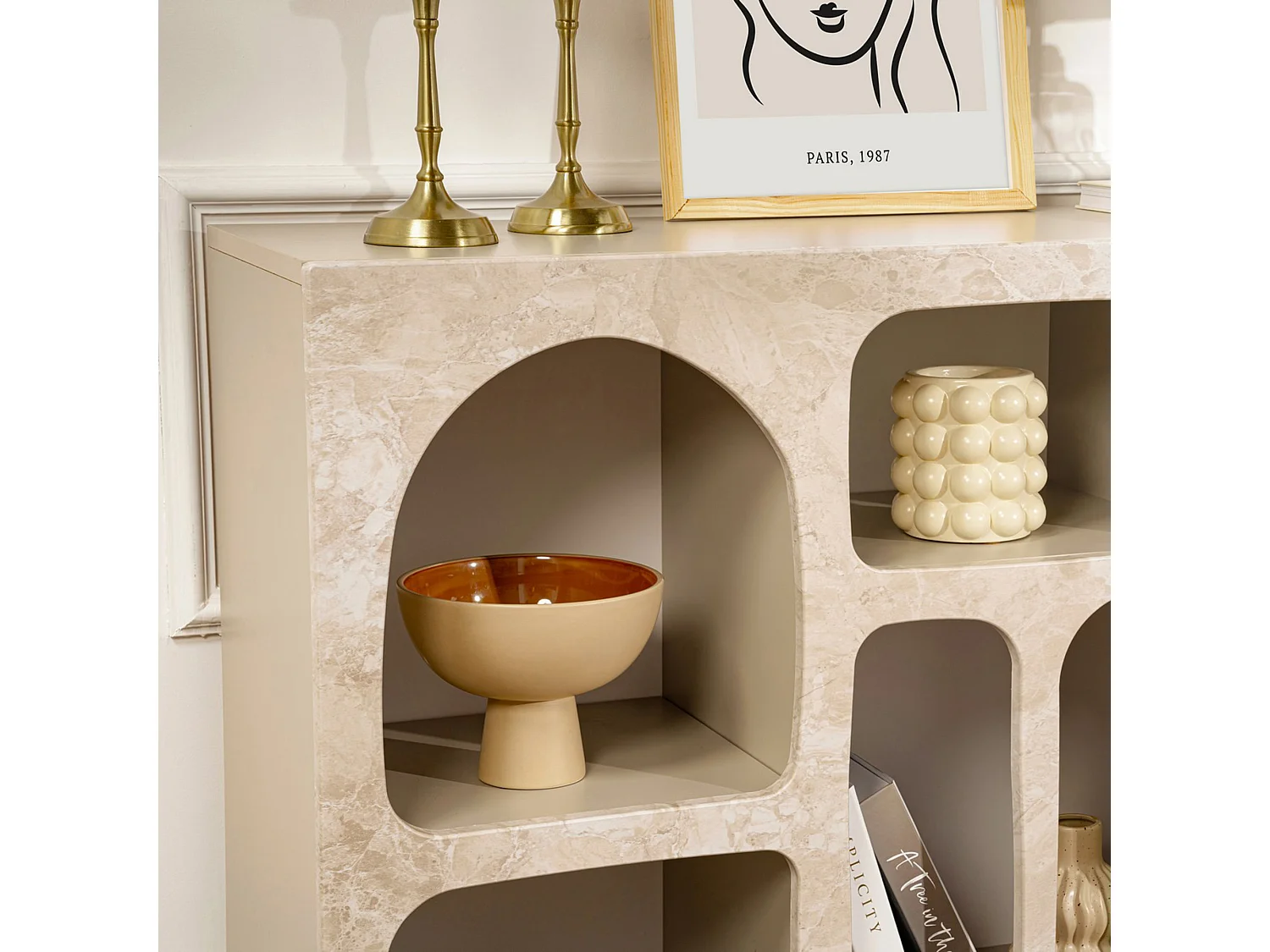 Buffet Arsenioiu, 6 Étagères, 120x37x74h cm Beige Marbre, Enfilade, 6 Compartiments, Poids Supporté 4 kg