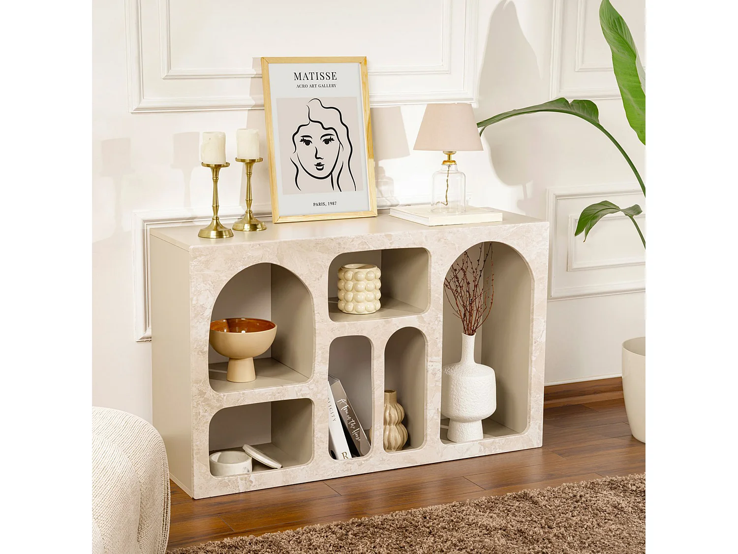 Buffet Arsenioiu, 6 Étagères, 120x37x74h cm Beige Marbre, Enfilade, 6 Compartiments, Poids Supporté 4 kg