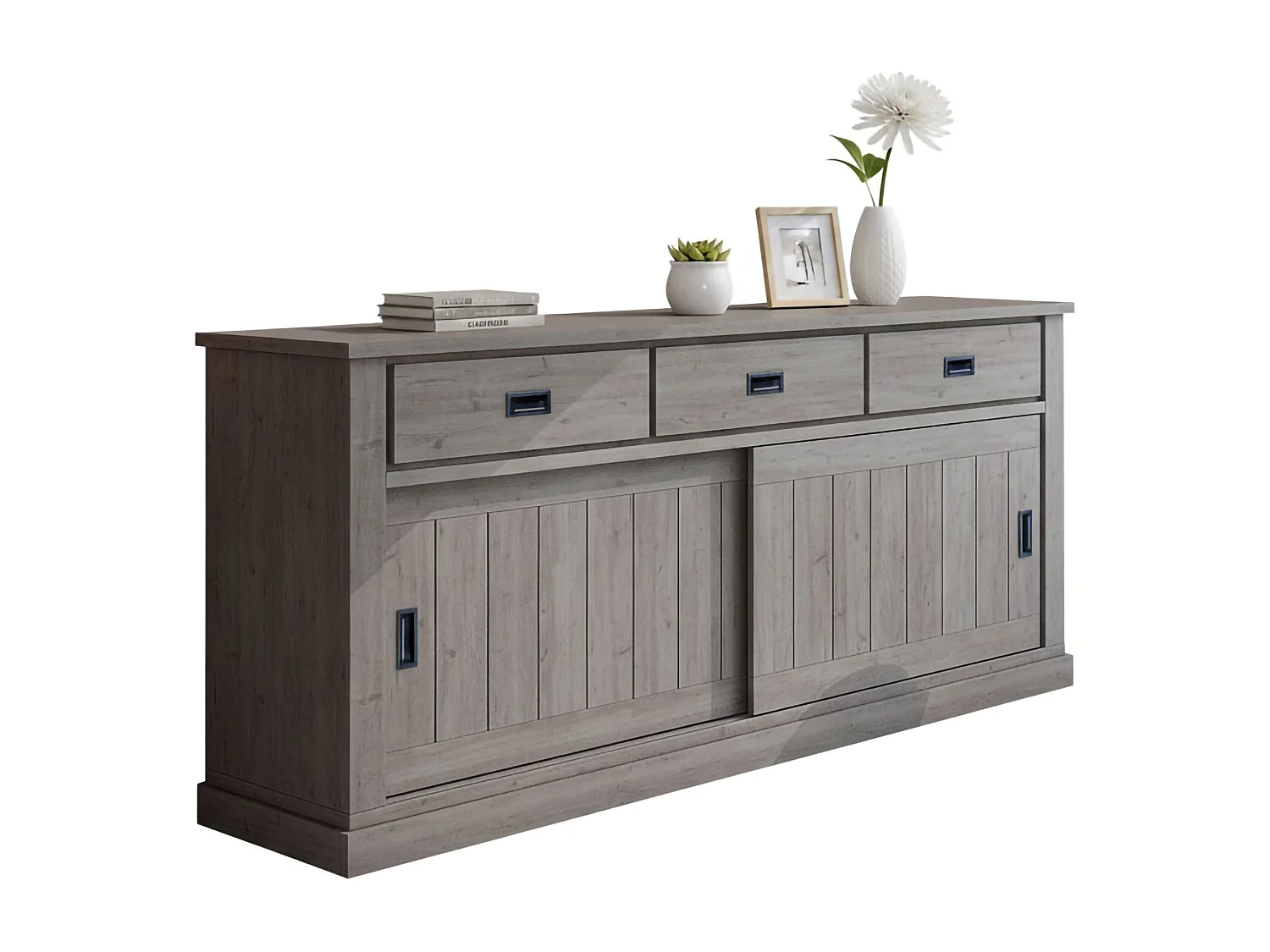 Buffet Malonno, 2 étagères, 220x50x95 cm, Chêne gris, Enfilade, 3 tiroirs, 2 portes