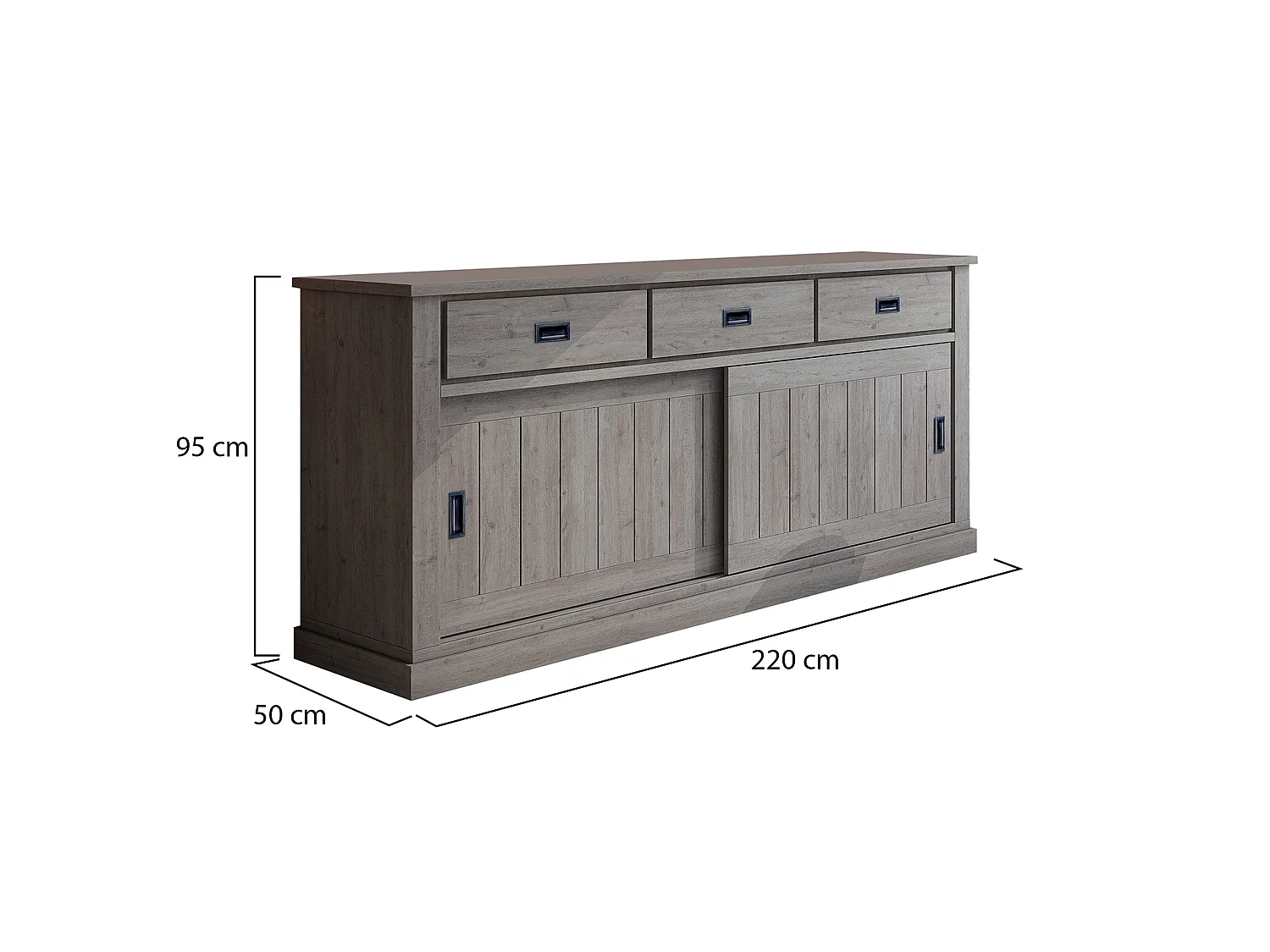 Buffet Malonno, 2 étagères, 220x50x95 cm, Chêne gris, Enfilade, 3 tiroirs, 2 portes