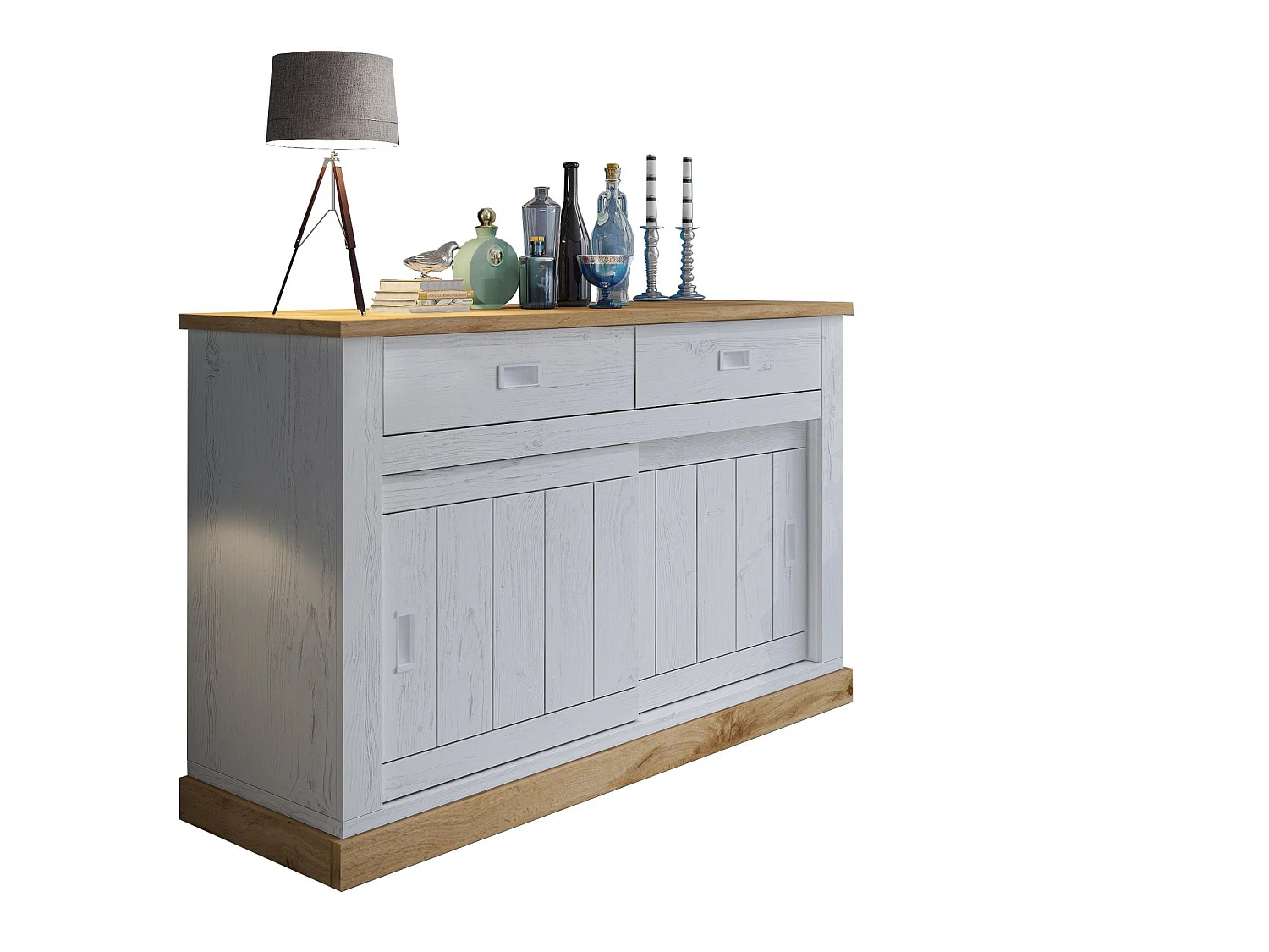 Buffet Lupara, 2 Tiroirs, 138x50x95h cm Blanc, Buffet Haut, 2 Étagères, Porte Coulissante