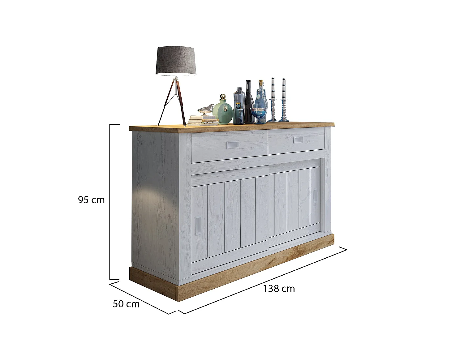 Buffet Lupara, 2 Tiroirs, 138x50x95h cm Blanc, Buffet Haut, 2 Étagères, Porte Coulissante