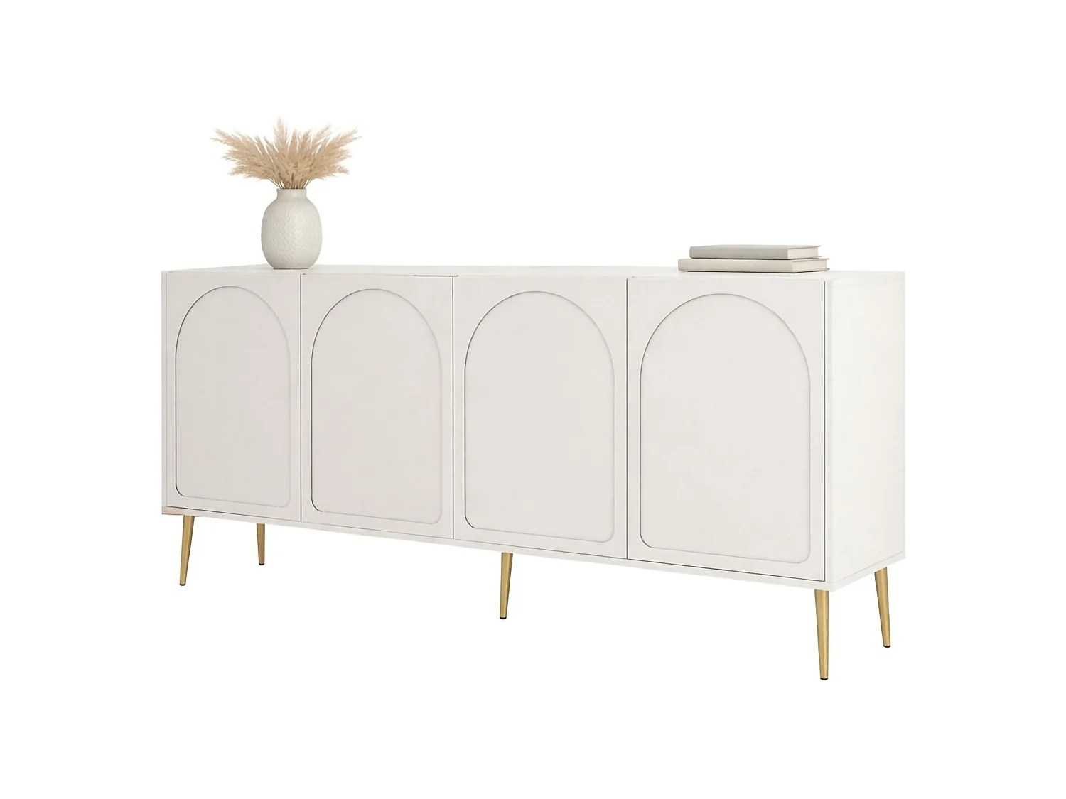 Credenza Torno, 2 Ripiani, 180x35x80h cm Bianco Crema, Madia, 4 Vani, 4 Ante