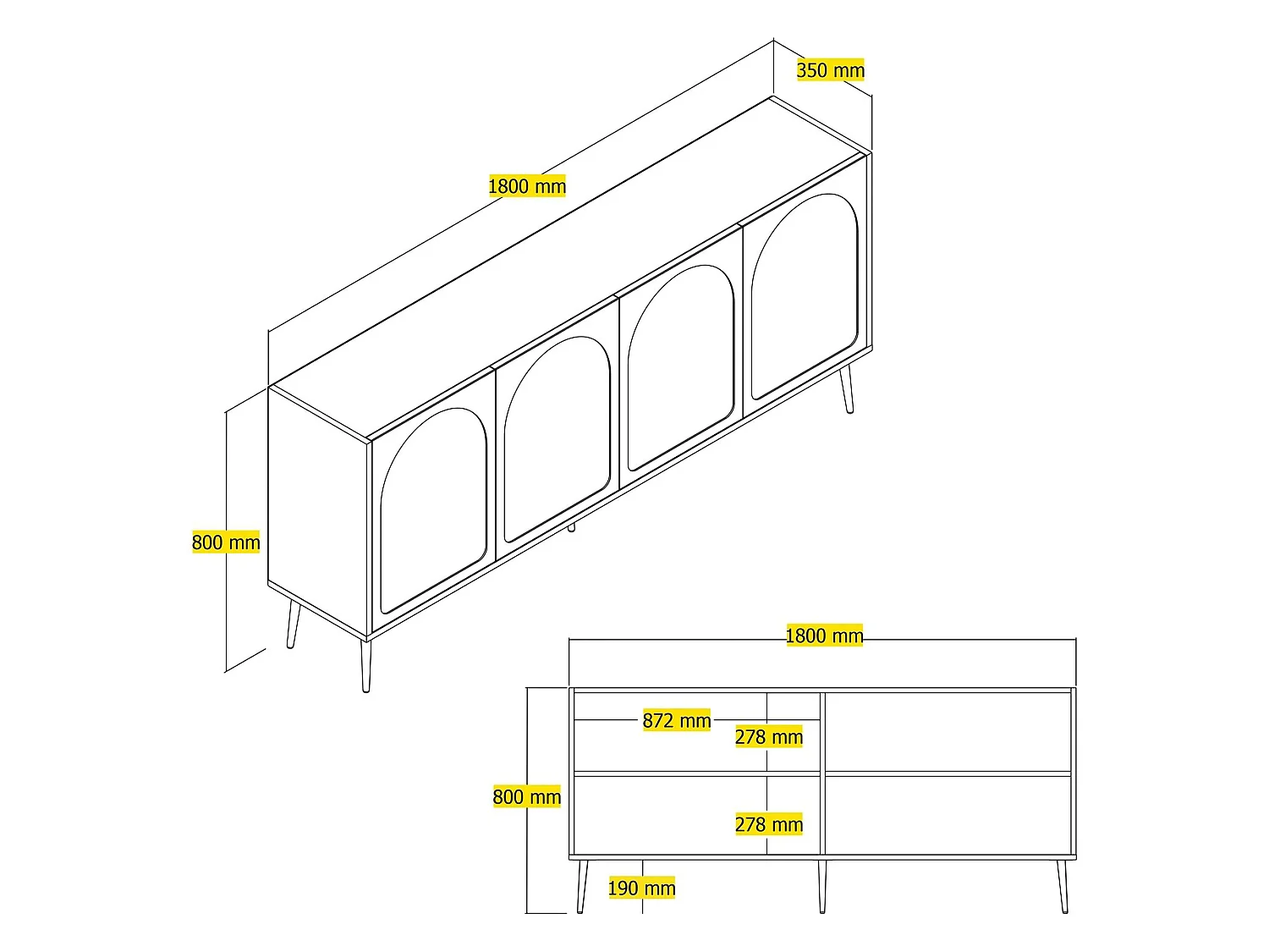 Credenza Torno, 2 Ripiani, 180x35x80h cm Bianco Crema, Madia, 4 Vani, 4 Ante