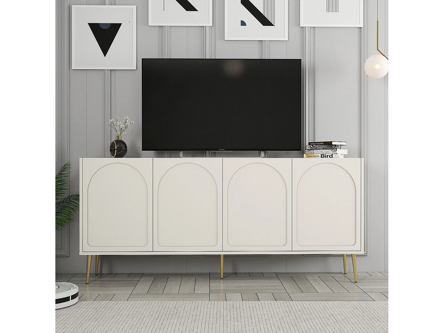 Credenza Torno, 2 Ripiani, 180x35x80h cm Bianco Crema, Madia, 4 Vani, 4 Ante