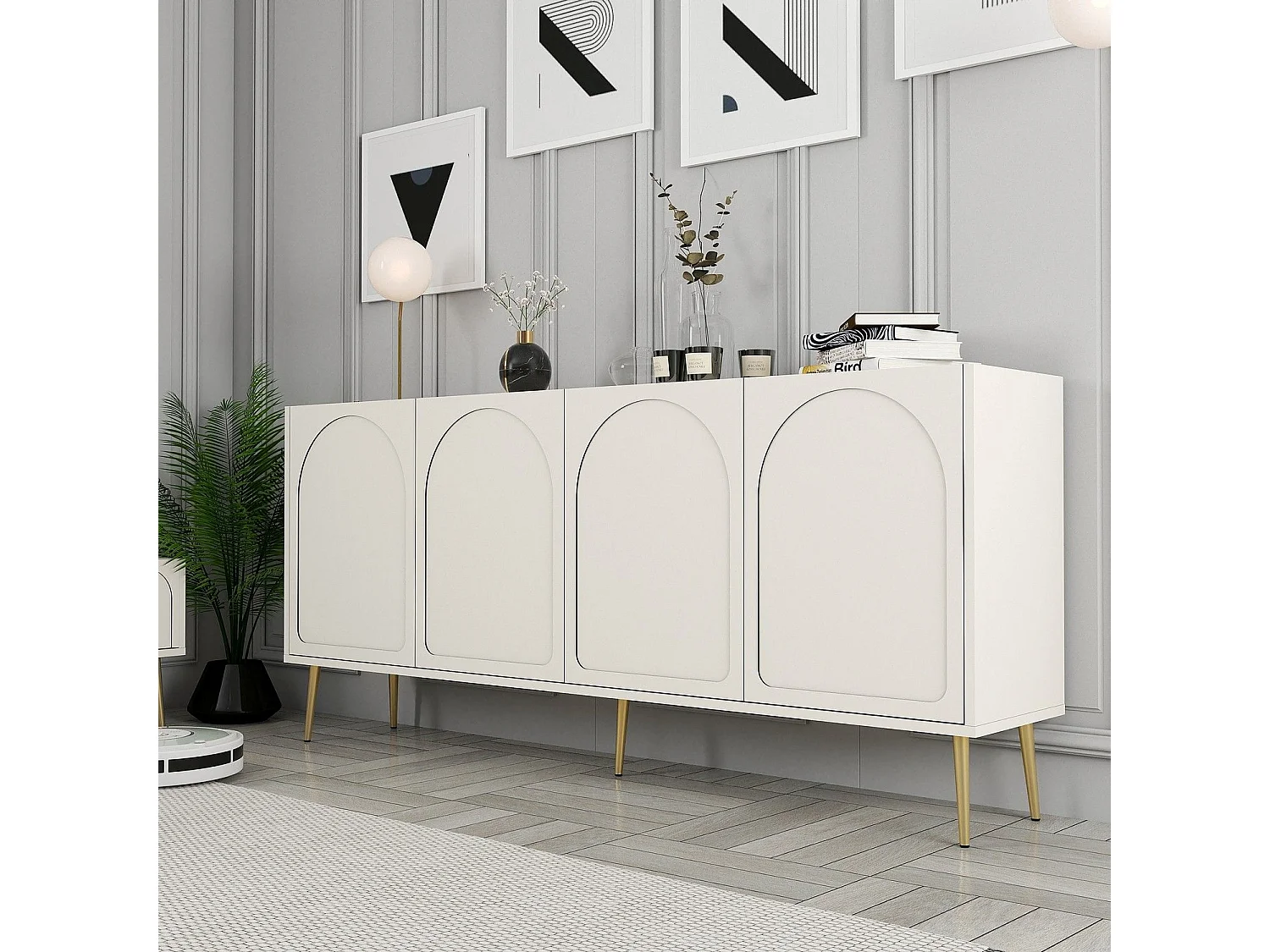 Credenza Torno, 2 Ripiani, 180x35x80h cm Bianco Crema, Madia, 4 Vani, 4 Ante