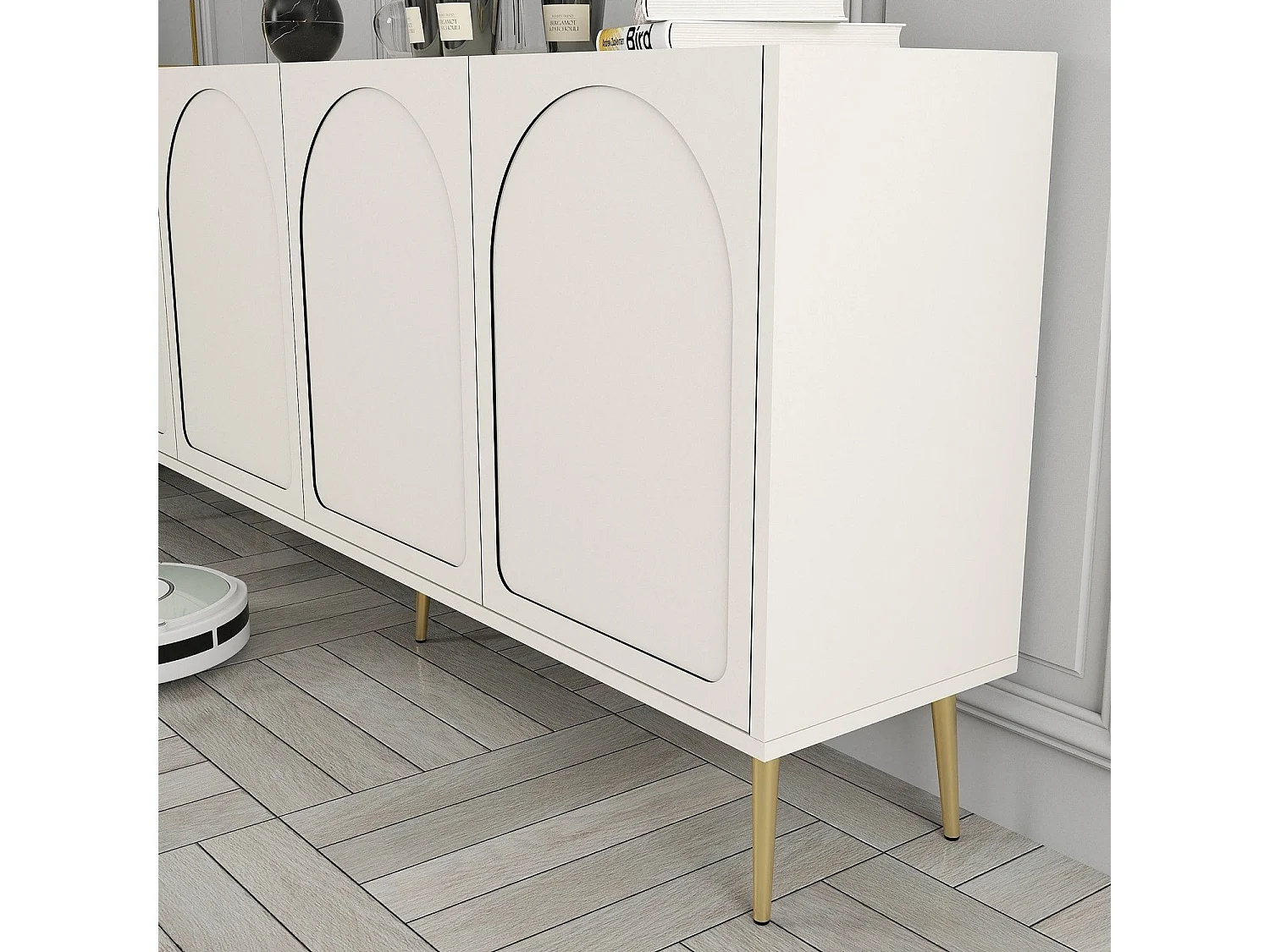 Credenza Torno, 2 Ripiani, 180x35x80h cm Bianco Crema, Madia, 4 Vani, 4 Ante