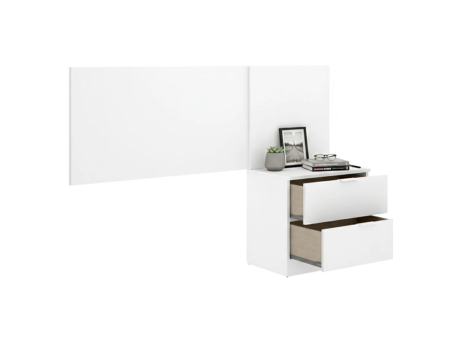 Tête de lit Lead, Table de chevet incluse, 34x141 cm Blanc, Simple, Structure couleur marron