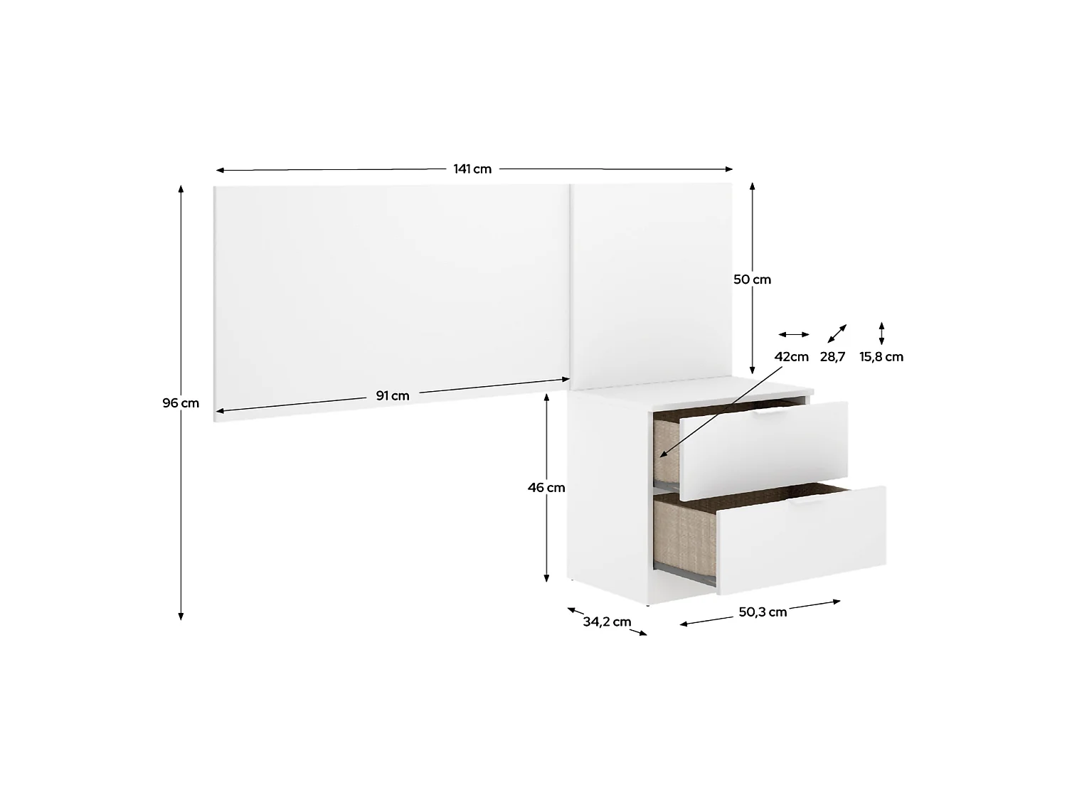 Tête de lit Lead, Table de chevet incluse, 34x141 cm Blanc, Simple, Structure couleur marron
