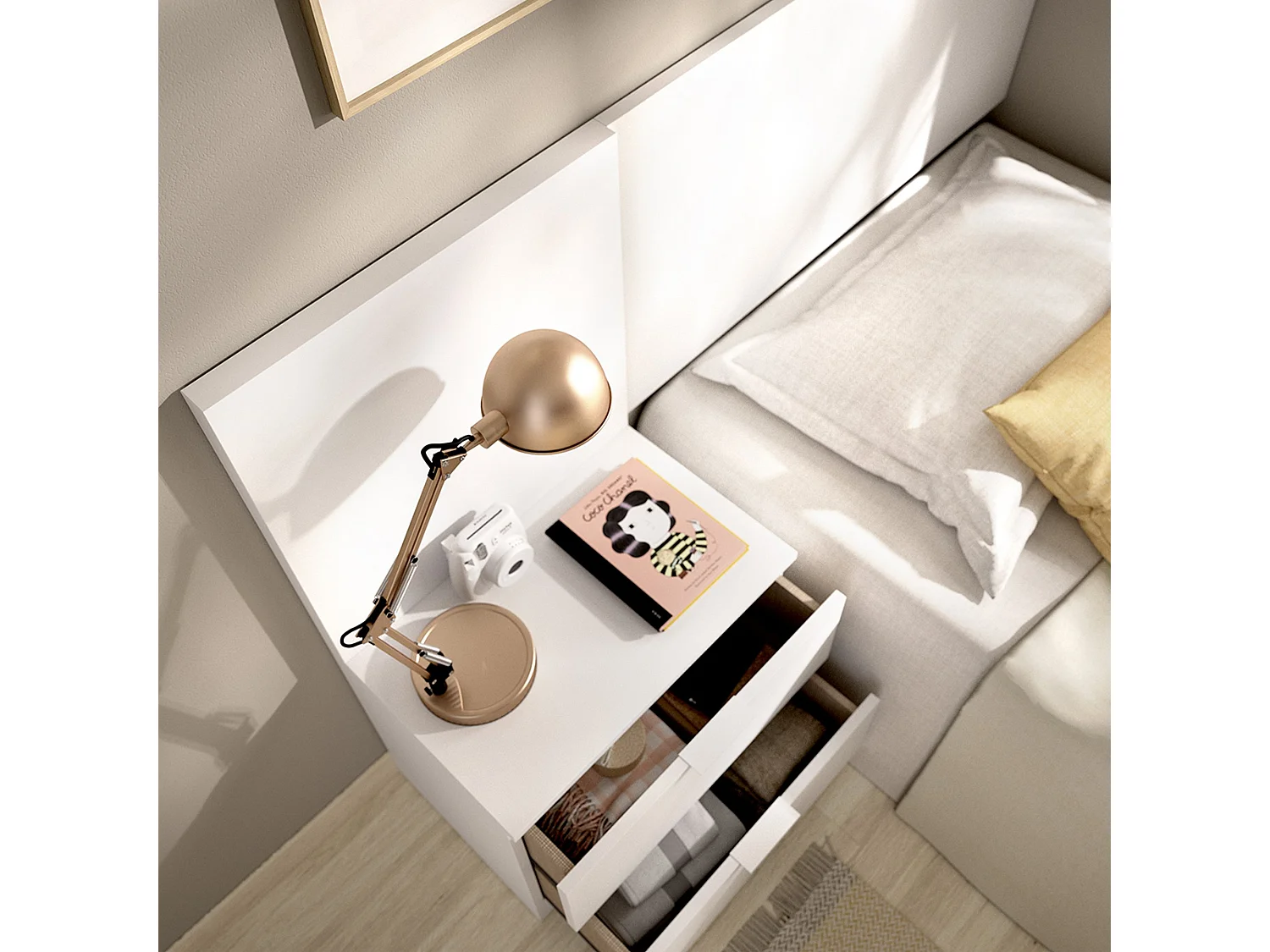 Tête de lit Lead, Table de chevet incluse, 34x141 cm Blanc, Simple, Structure couleur marron