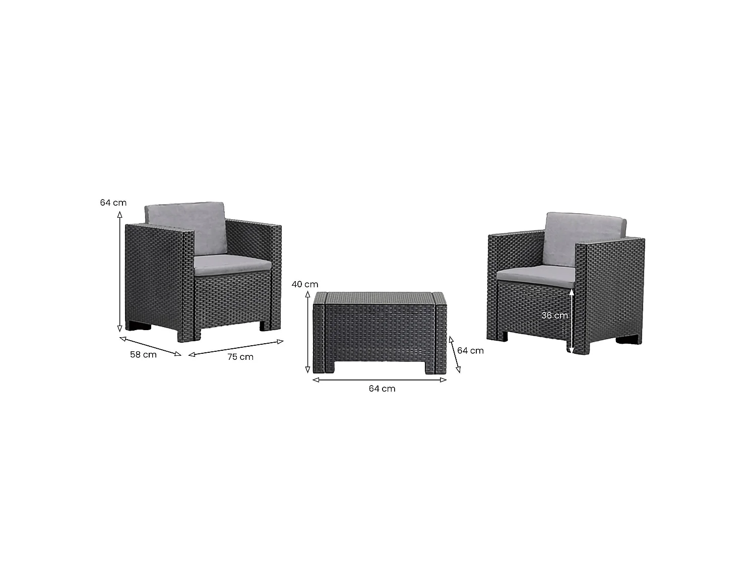 Salon de jardin extérieur Camini, 2 places, Made in Italy, Noir Anthracite, Petit salon extérieur