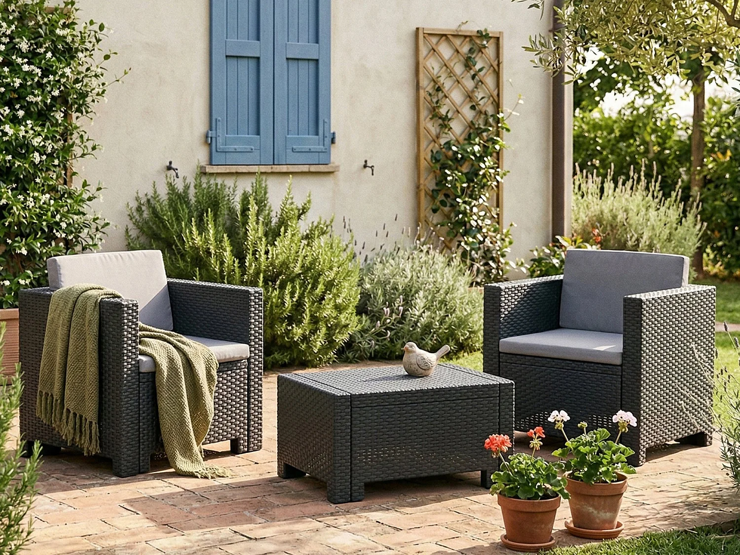 Salon de jardin extérieur Camini, 2 places, Made in Italy, Noir Anthracite, Petit salon extérieur