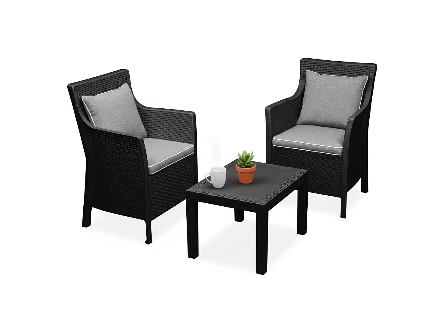 Set Salotto da Esterno Ben, 2 Posti Made in Italy, Nero Antracite, Salottino Outdoor, un Tavolino, Tavolo Tavolino Rettangolare