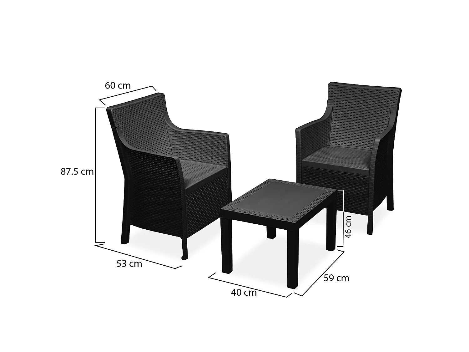 Set Salotto da Esterno Ben, 2 Posti Made in Italy, Nero Antracite, Salottino Outdoor, un Tavolino, Tavolo Tavolino Rettangolare