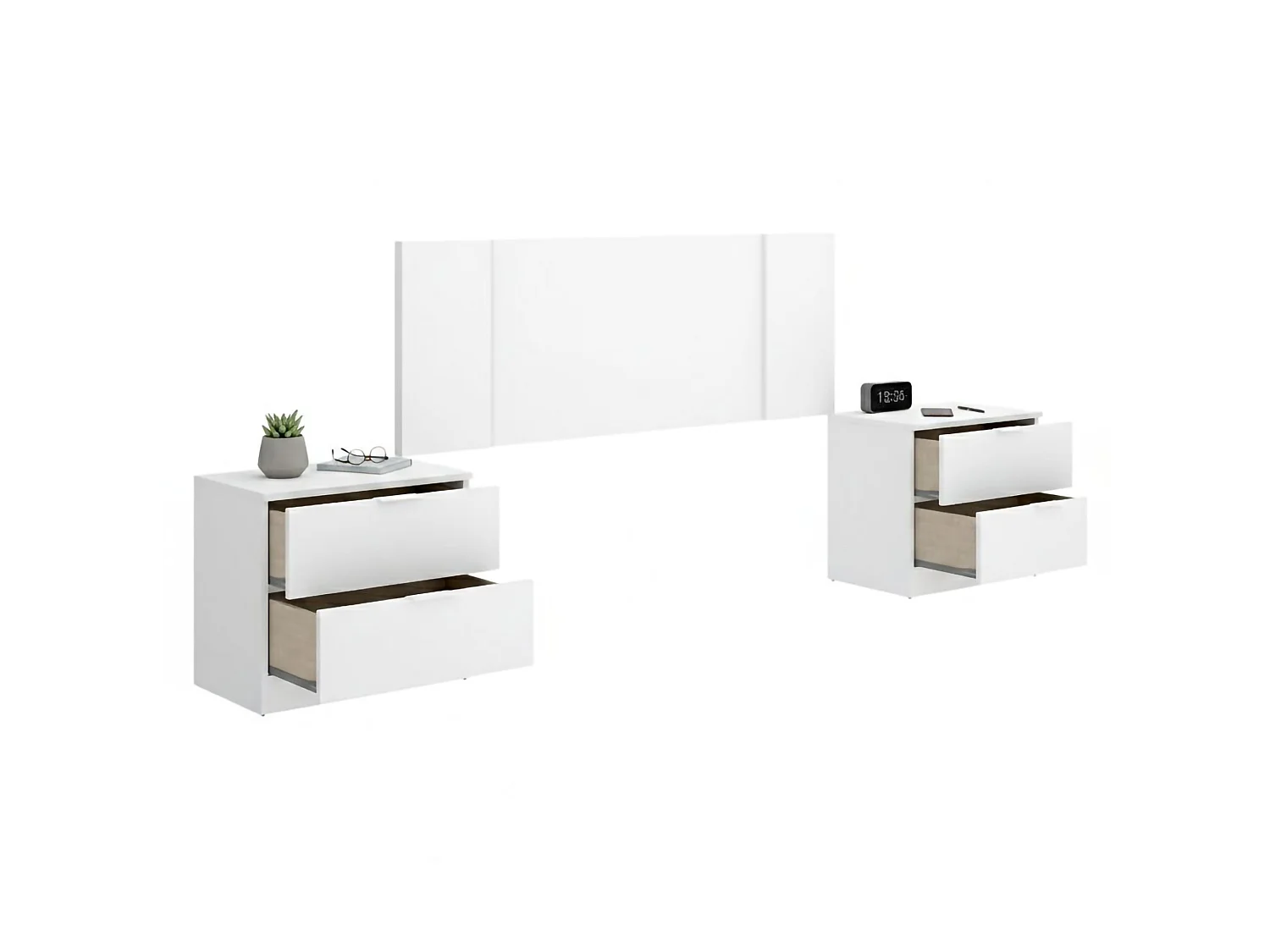 Tête de lit Carson, 2 tables de chevet incluses, 34x237 cm blanc, Grand Lit, Structure marron