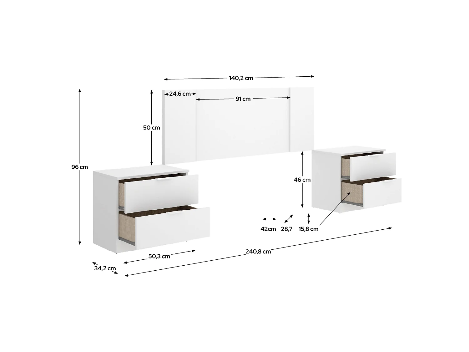 Tête de lit Carson, 2 tables de chevet incluses, 34x237 cm blanc, Grand Lit, Structure marron