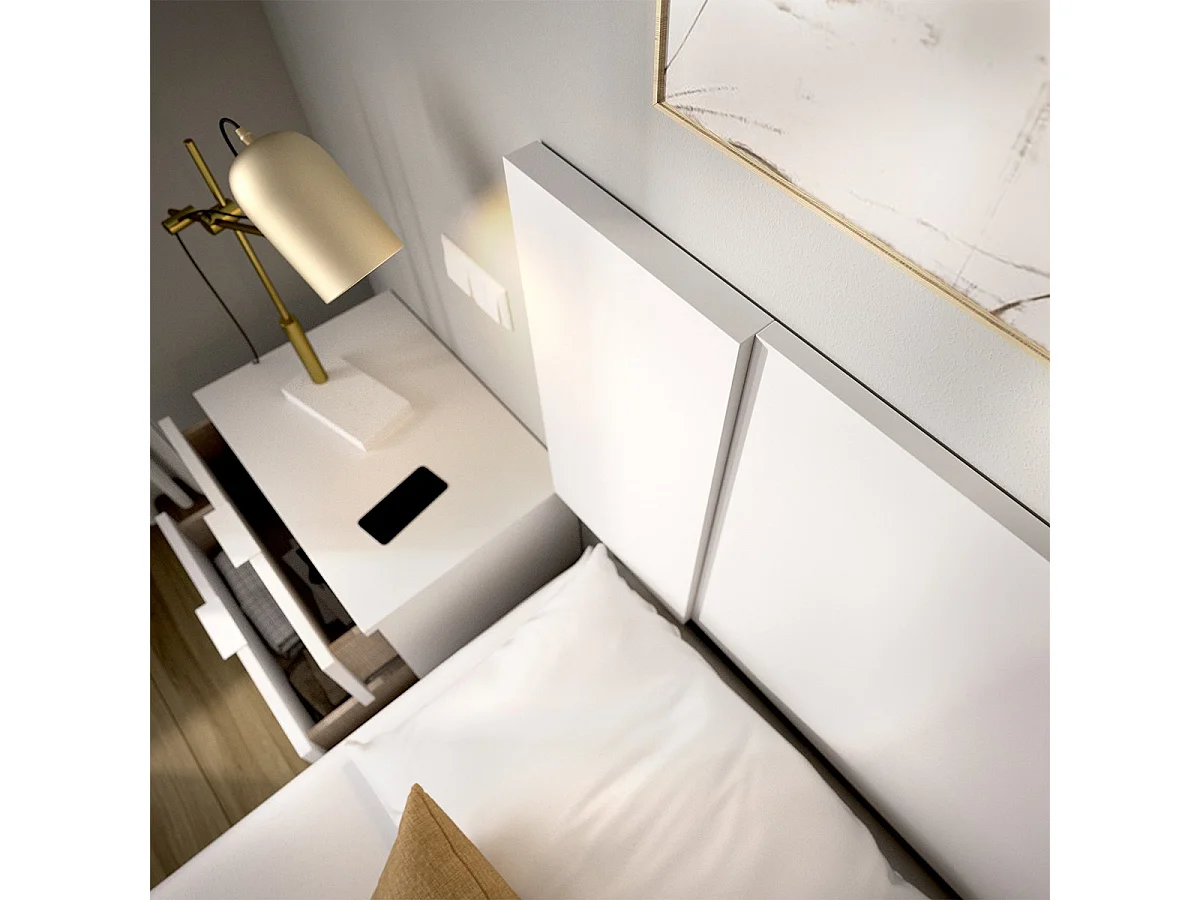 Tête de lit Carson, 2 tables de chevet incluses, 34x237 cm blanc, Grand Lit, Structure marron