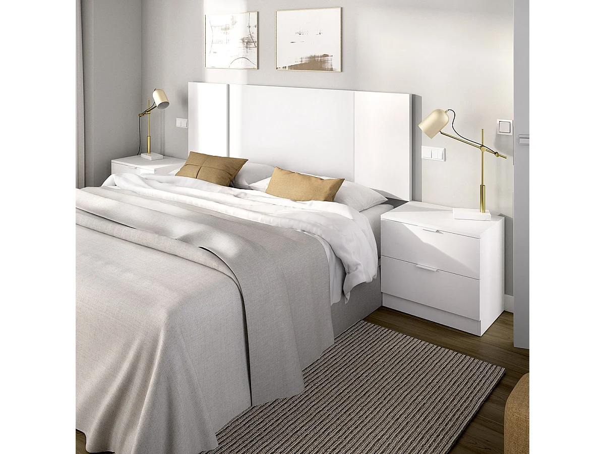 Tête de lit Carson, 2 tables de chevet incluses, 34x237 cm blanc, Grand Lit, Structure marron