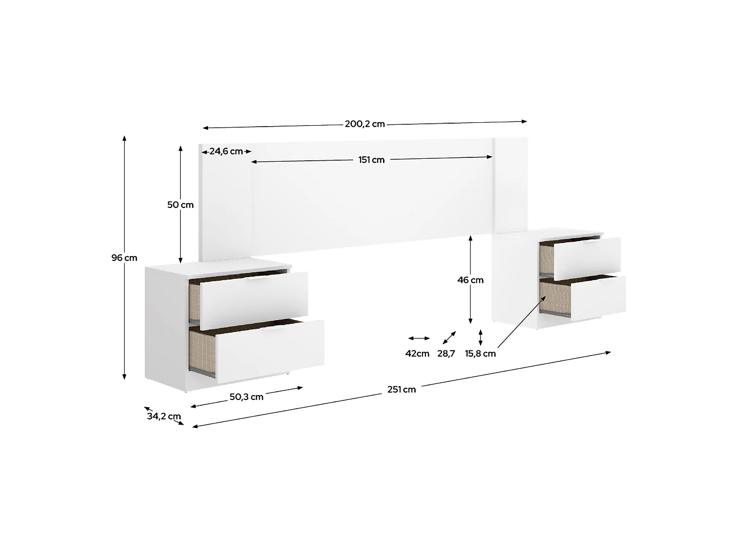 Tête de Lit Sierra, 2 Tables de Nuit Incluses, 34x251 cm Blanc, Largeur 1 Place et Demie, Structure Marron