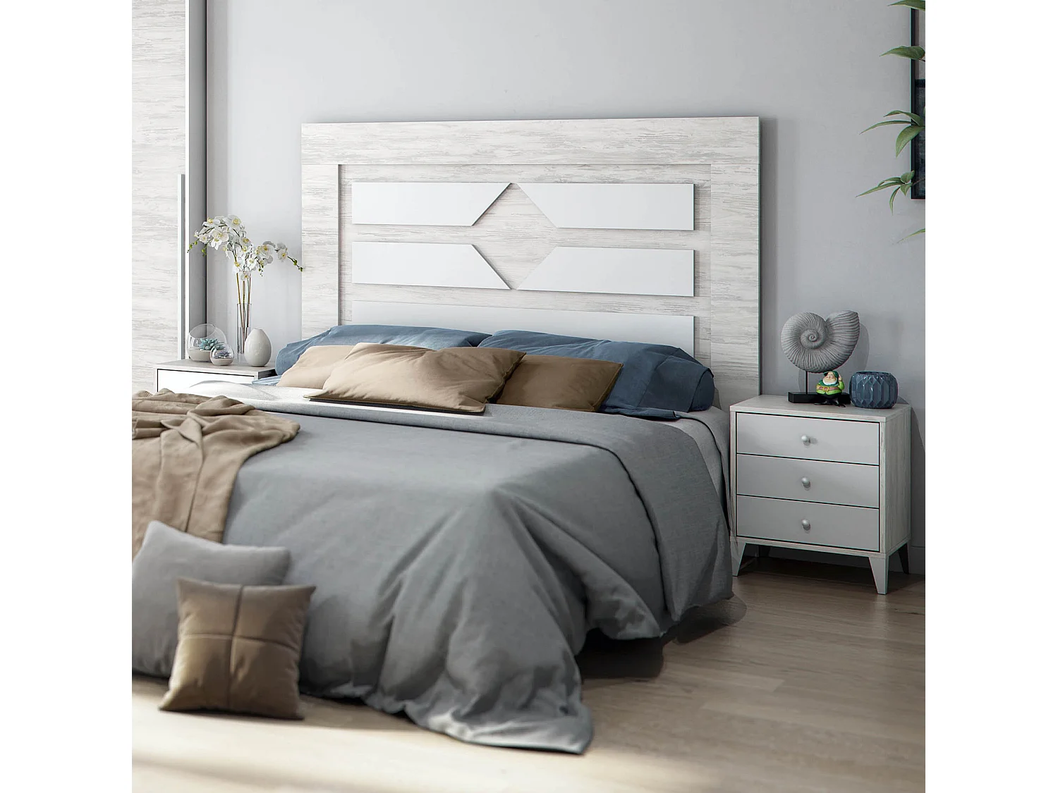 Tête de Lit Manduria, Couleur Blanc, 248x33 cm, Matériau Bois Mélaminé, Teinte Patinée