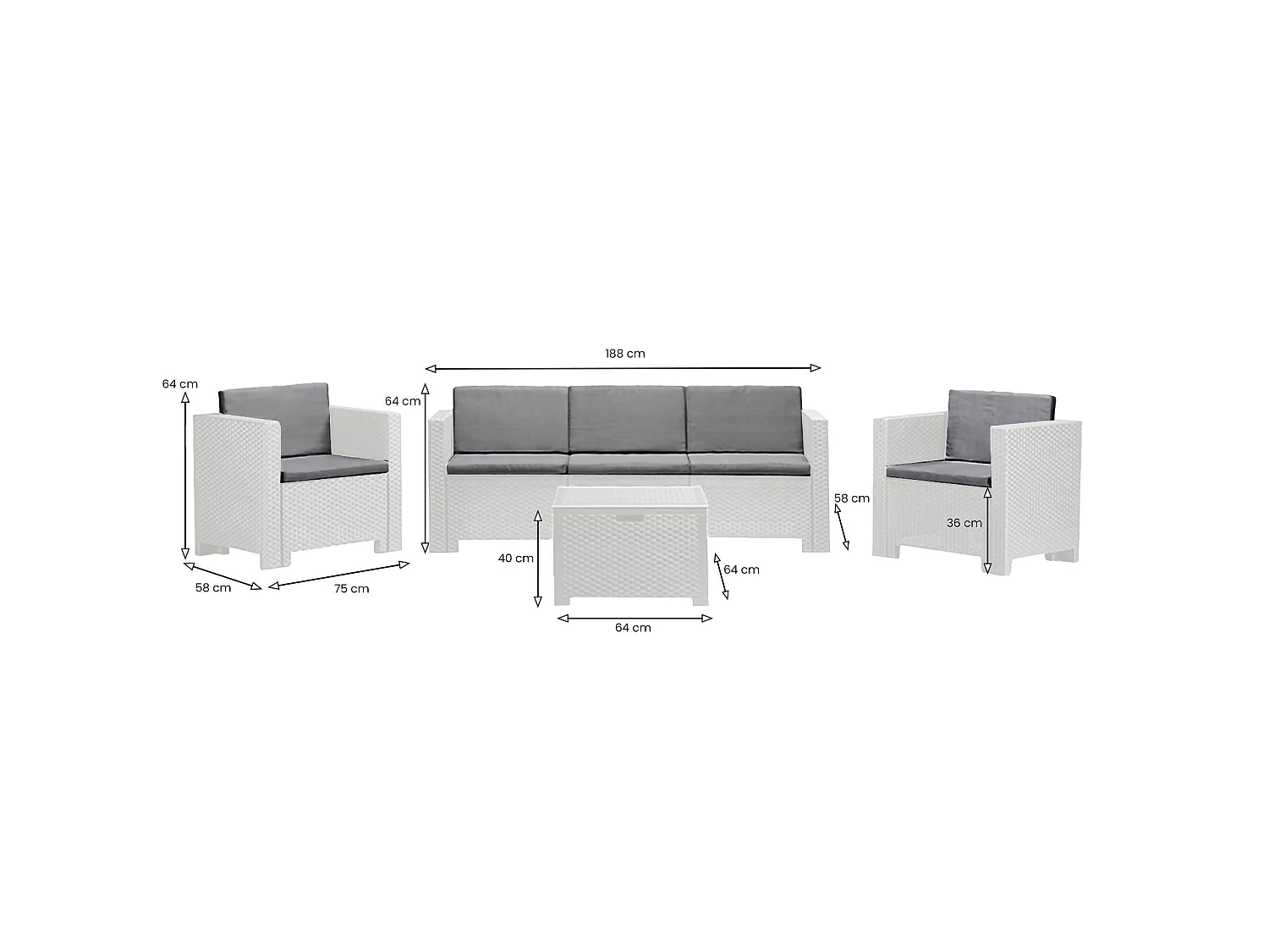 Salon de jardin Cameri, 5 places, fabriqué en Italie, blanc, mobilier d'extérieur