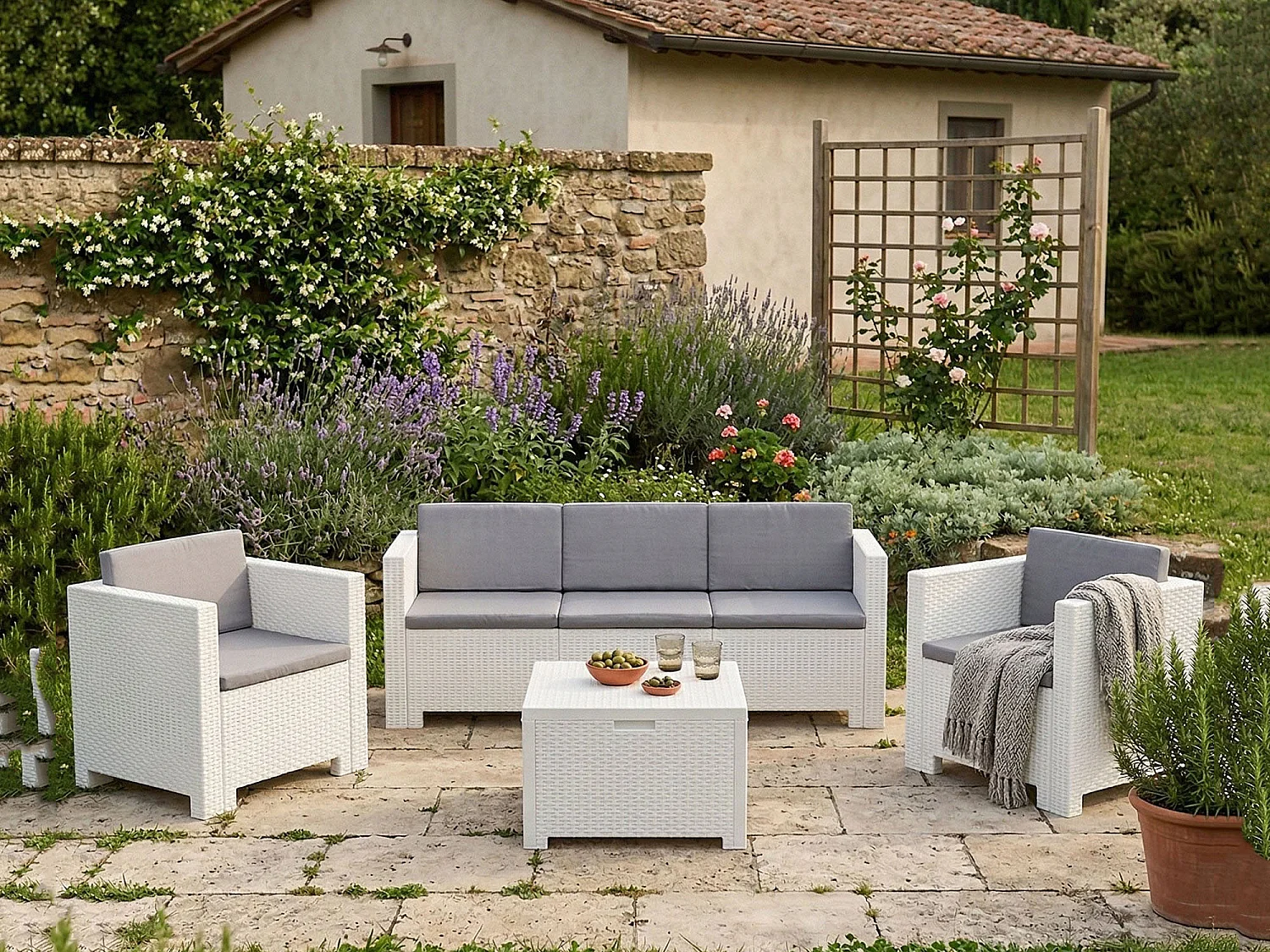 Salon de jardin Cameri, 5 places, fabriqué en Italie, blanc, mobilier d'extérieur
