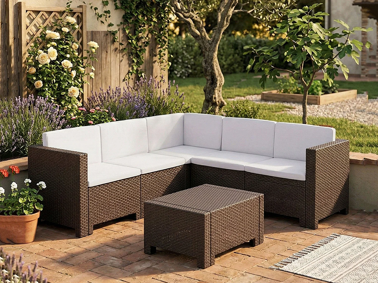 Salon de Jardin Camerota, 5 Places, Made in Italy, Marron, Salon Extérieur