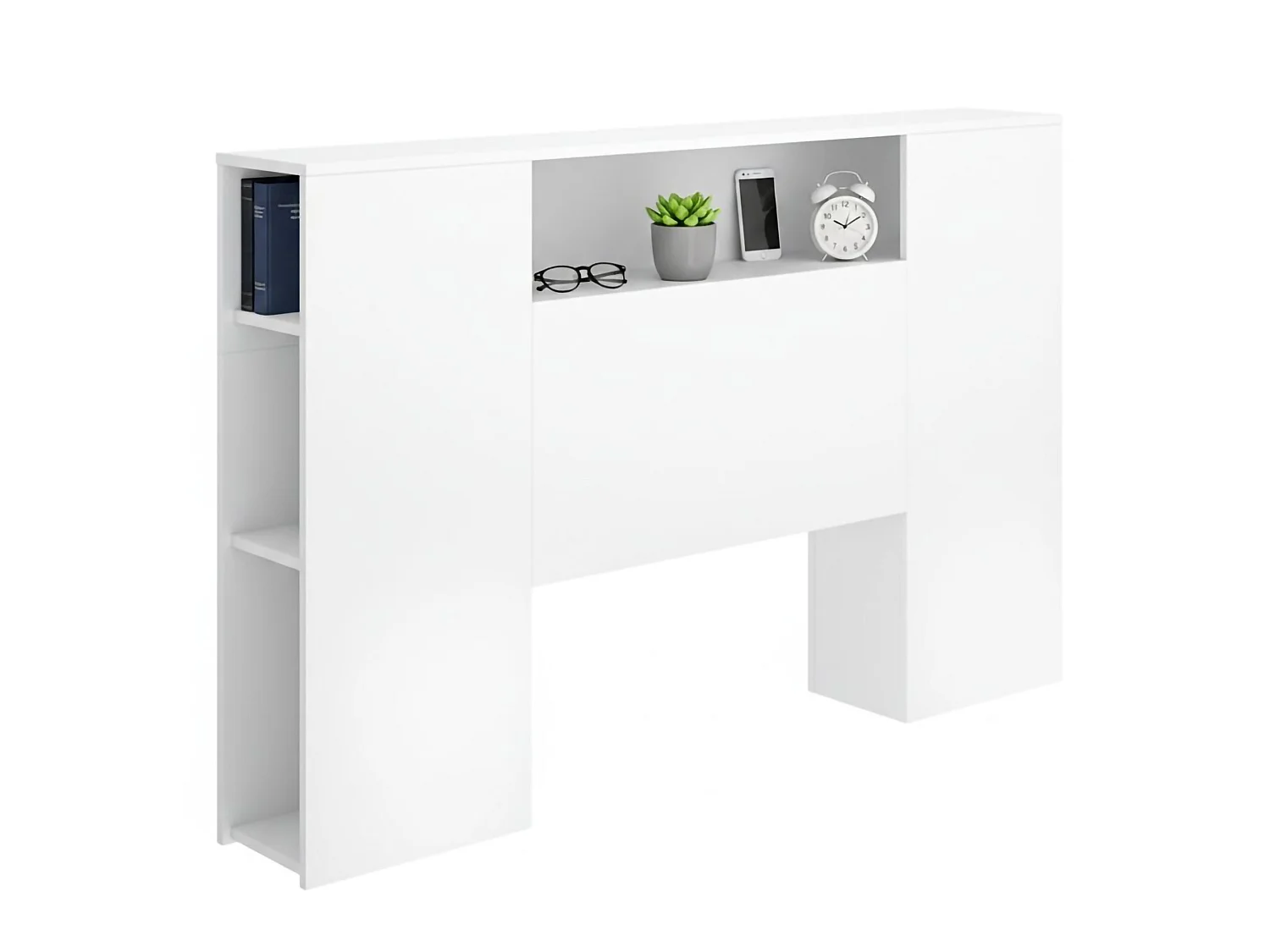 Chevet Bonner, avec rangements, 23x157 cm, Blanc, une place et demie, double, structure en bois mélaminé