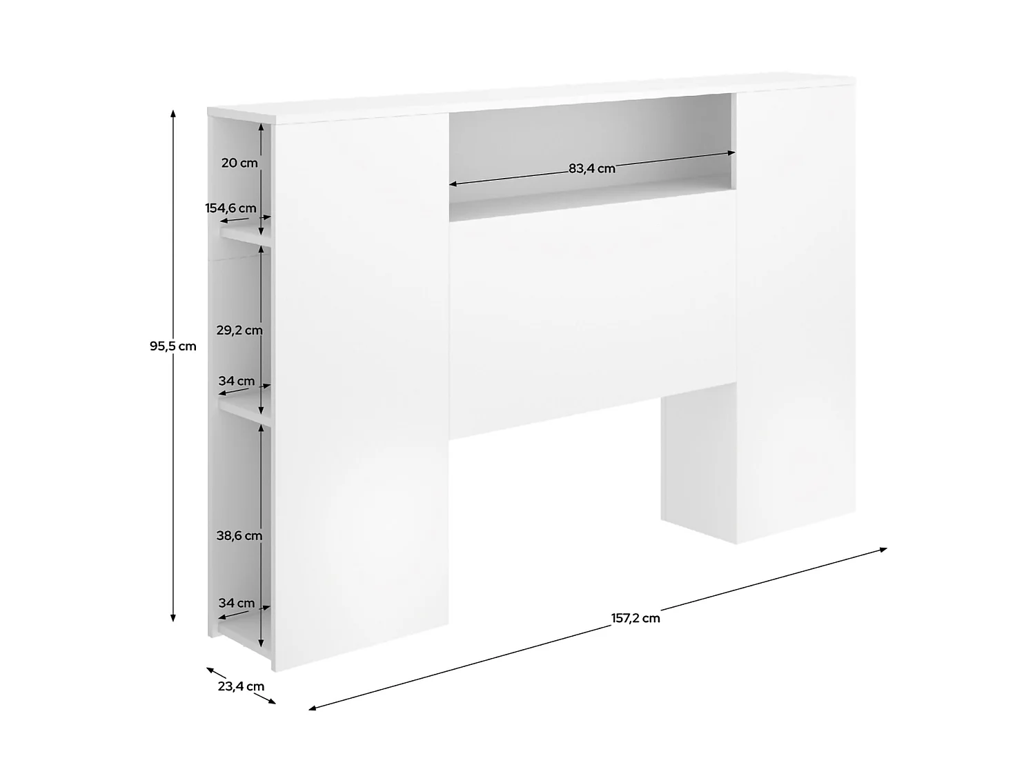 Chevet Bonner, avec rangements, 23x157 cm, Blanc, une place et demie, double, structure en bois mélaminé
