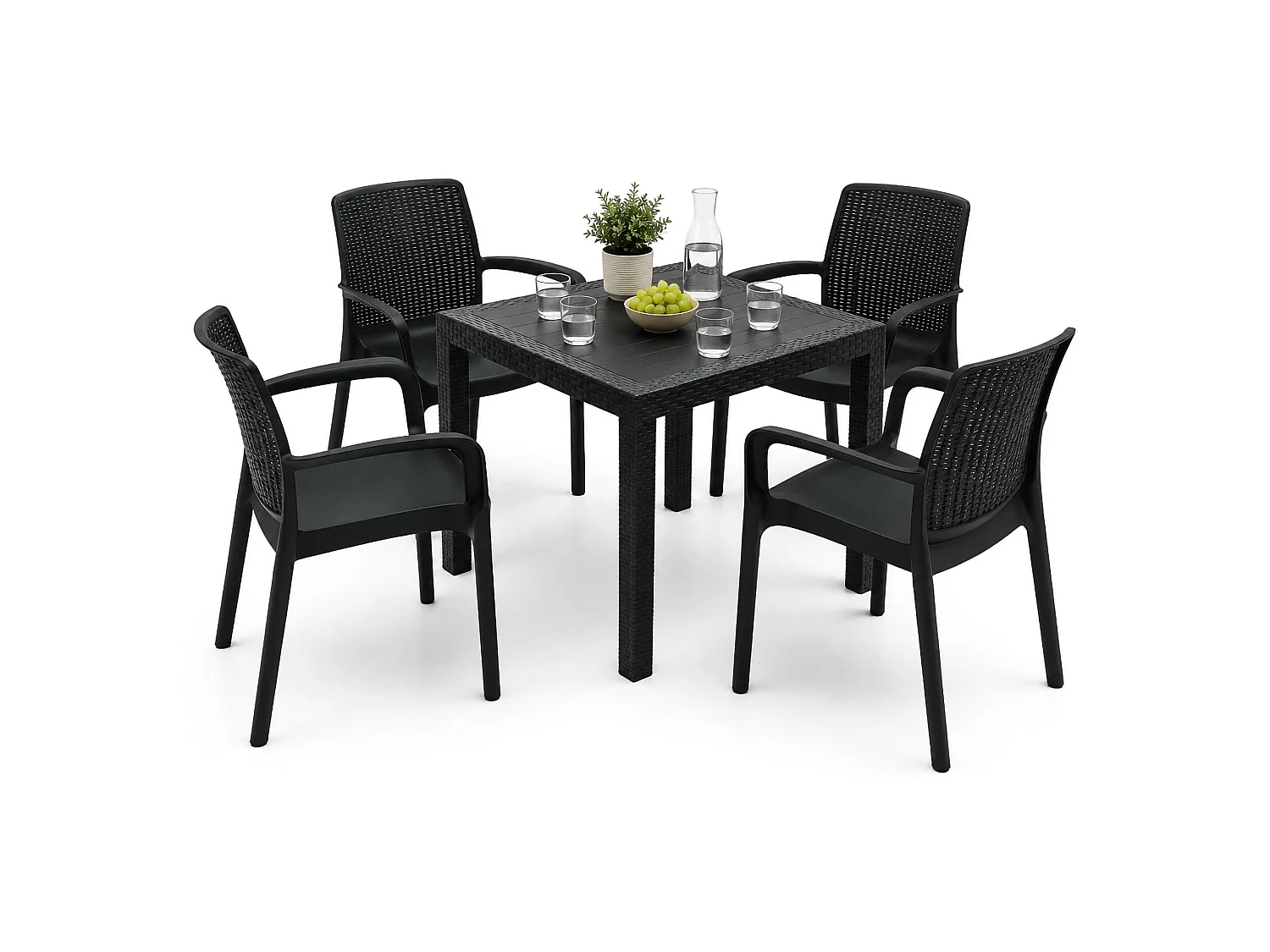 Set Salotto da Esterno Mataga, 4 Posti Made in Italy, Nero Antracite, Salottino Outdoor, un Tavolino, Impermeabile Idrorepellente