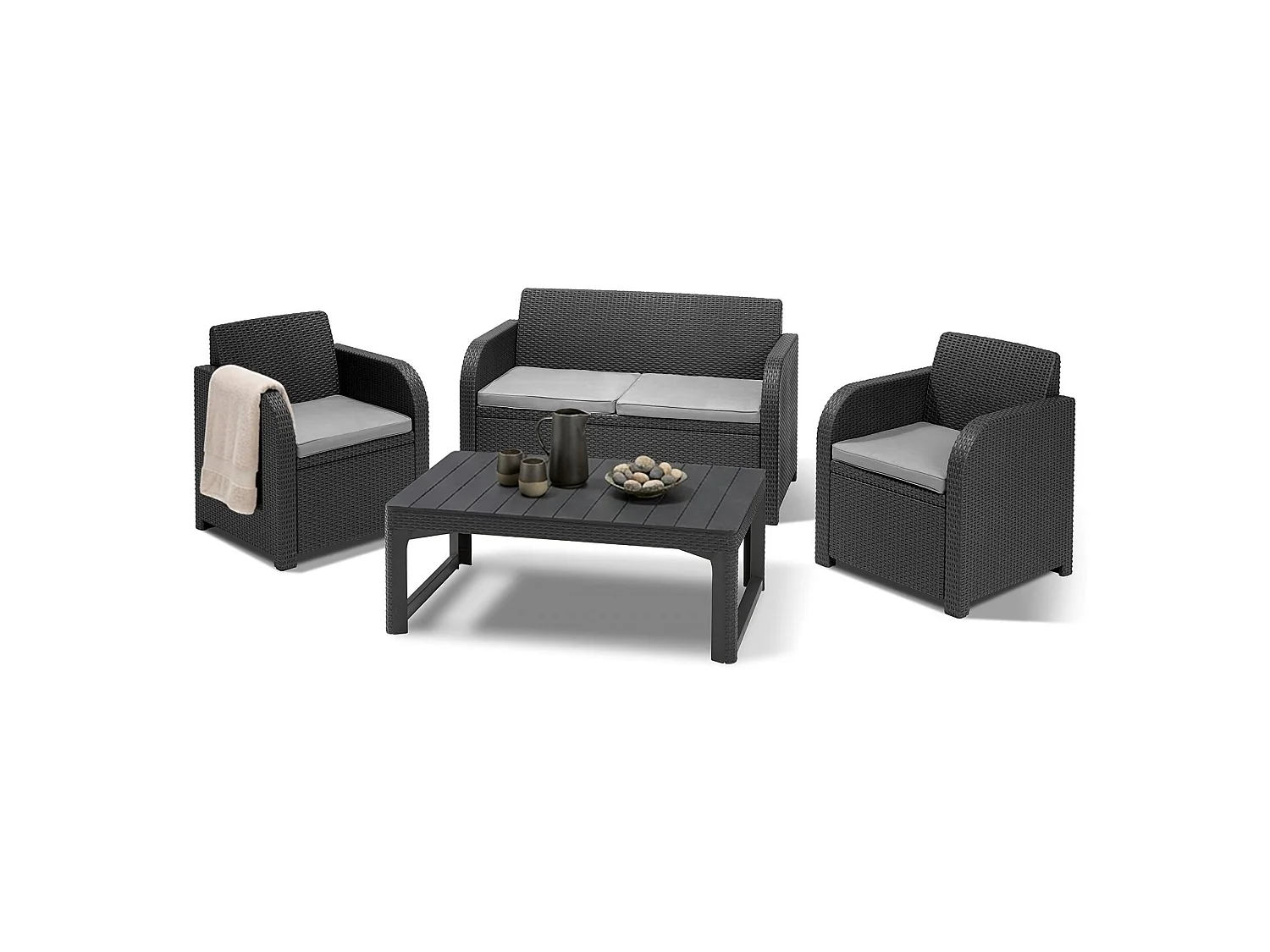 Joliette loungeset voor buiten, 3 zitplaatsen, antracietzwart, buitenlounge, met tafeltje, kussens inbegrepen
