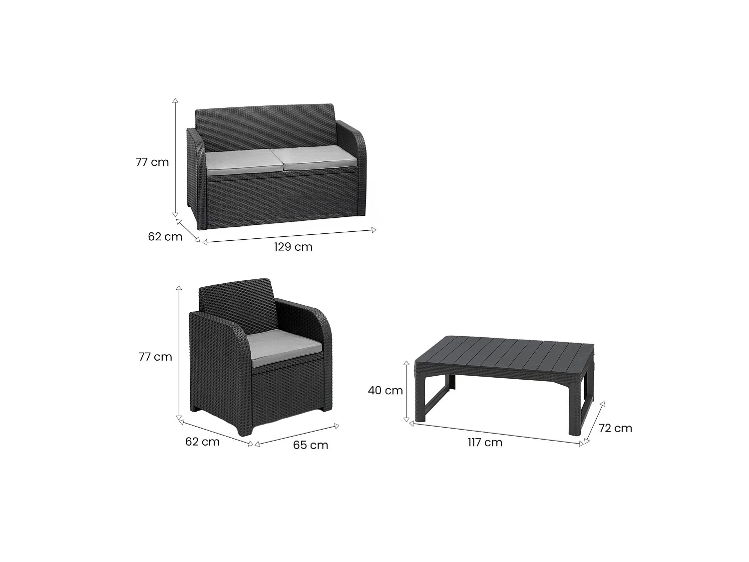 Joliette loungeset voor buiten, 3 zitplaatsen, antracietzwart, buitenlounge, met tafeltje, kussens inbegrepen